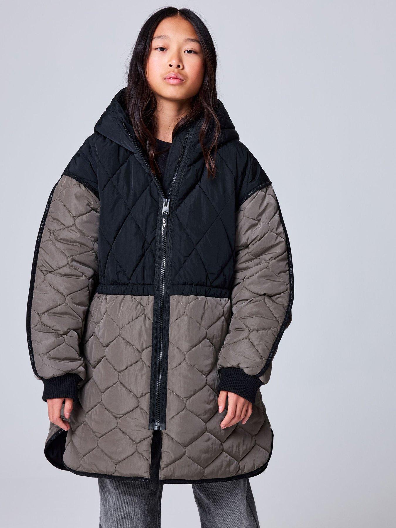 smALLSAINTS Girls' Colour Block Longline Quilted Jacket - Black/Green