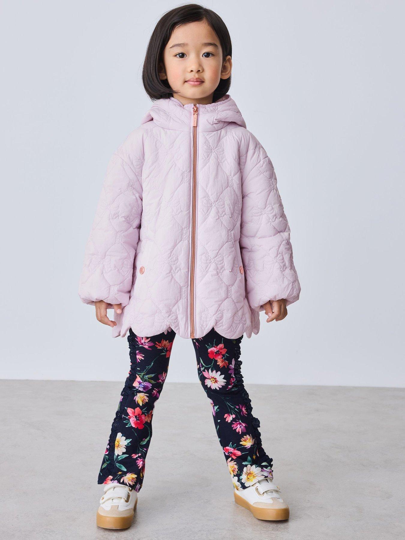 Image 1 of 7 of Ted Baker Girls' Shower Resistant Quilted Bow Hooded Jacket - Pink