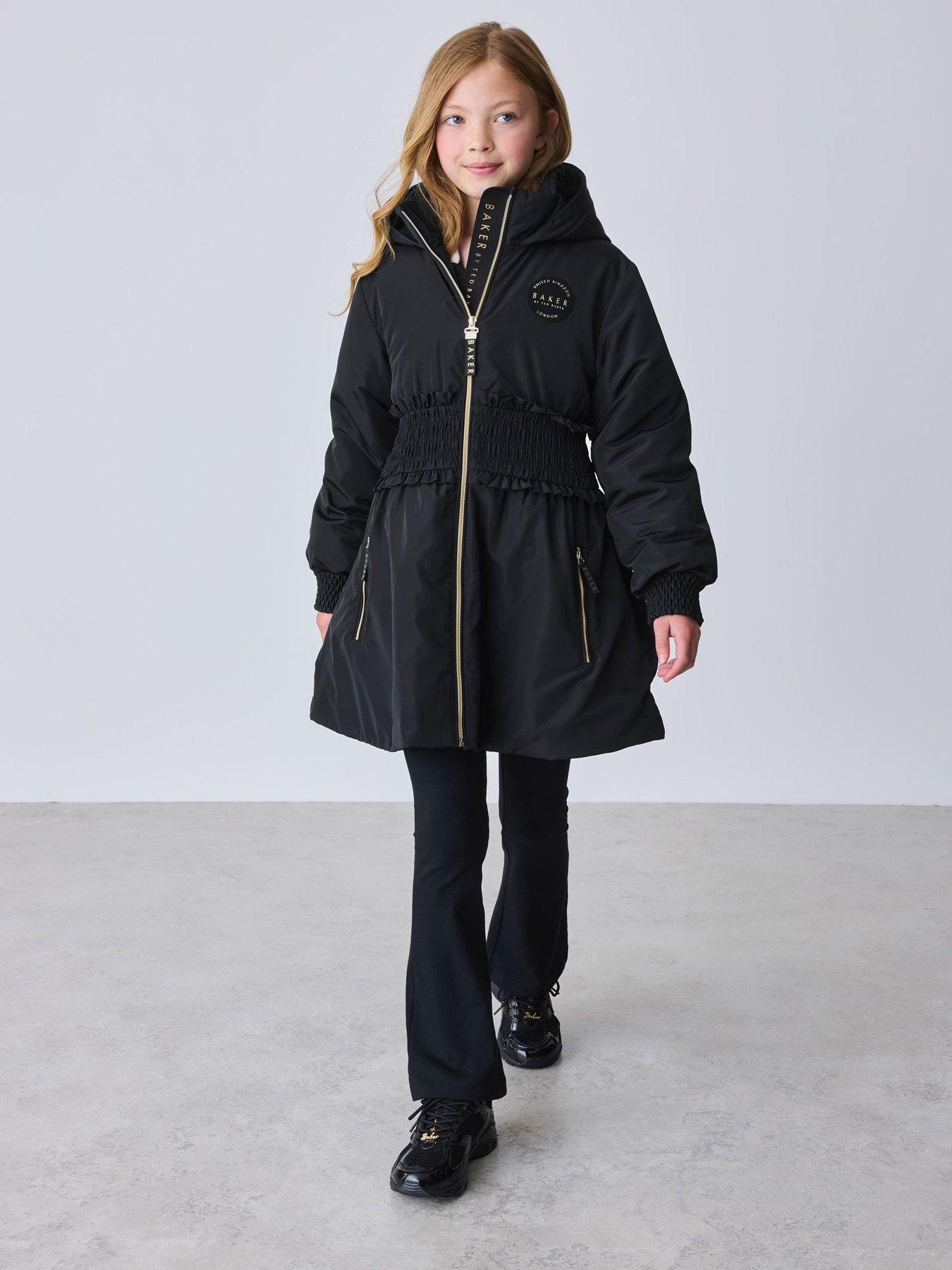 Image 1 of 7 of Ted Baker Older Girls Shower Resistant Shirred Waist Raincoat - Black