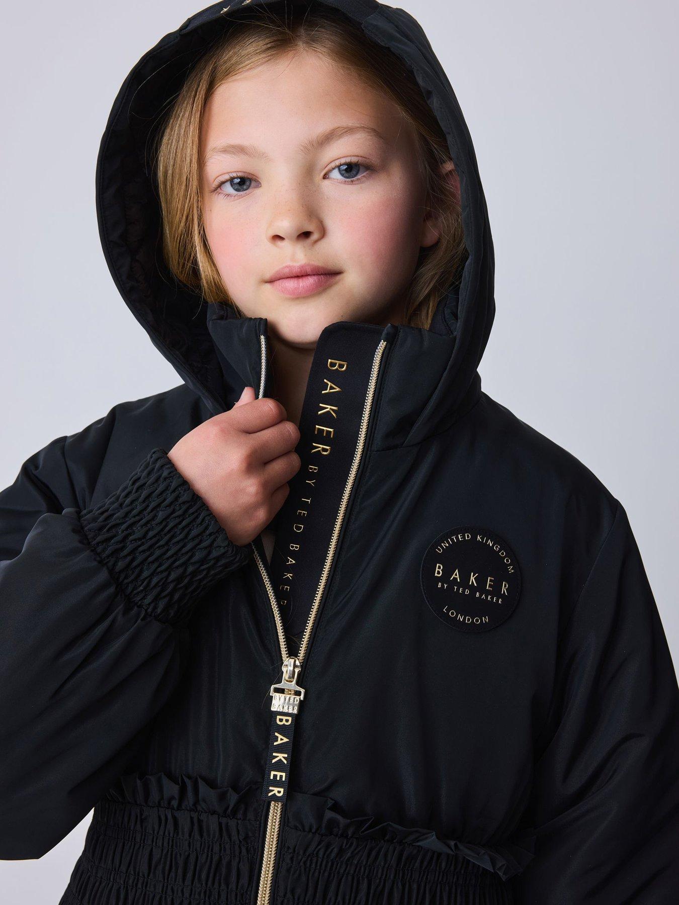 Image 6 of 7 of Ted Baker Older Girls Shower Resistant Shirred Waist Raincoat - Black