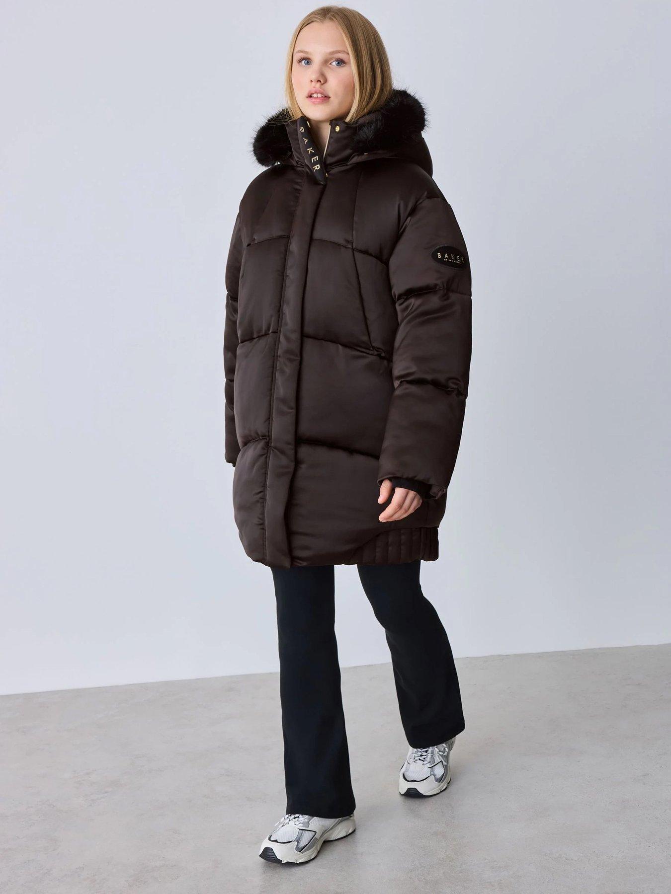 Ted Baker Girls' Satin Finish Padded Coat with Faux Fur Trim Hood - Black