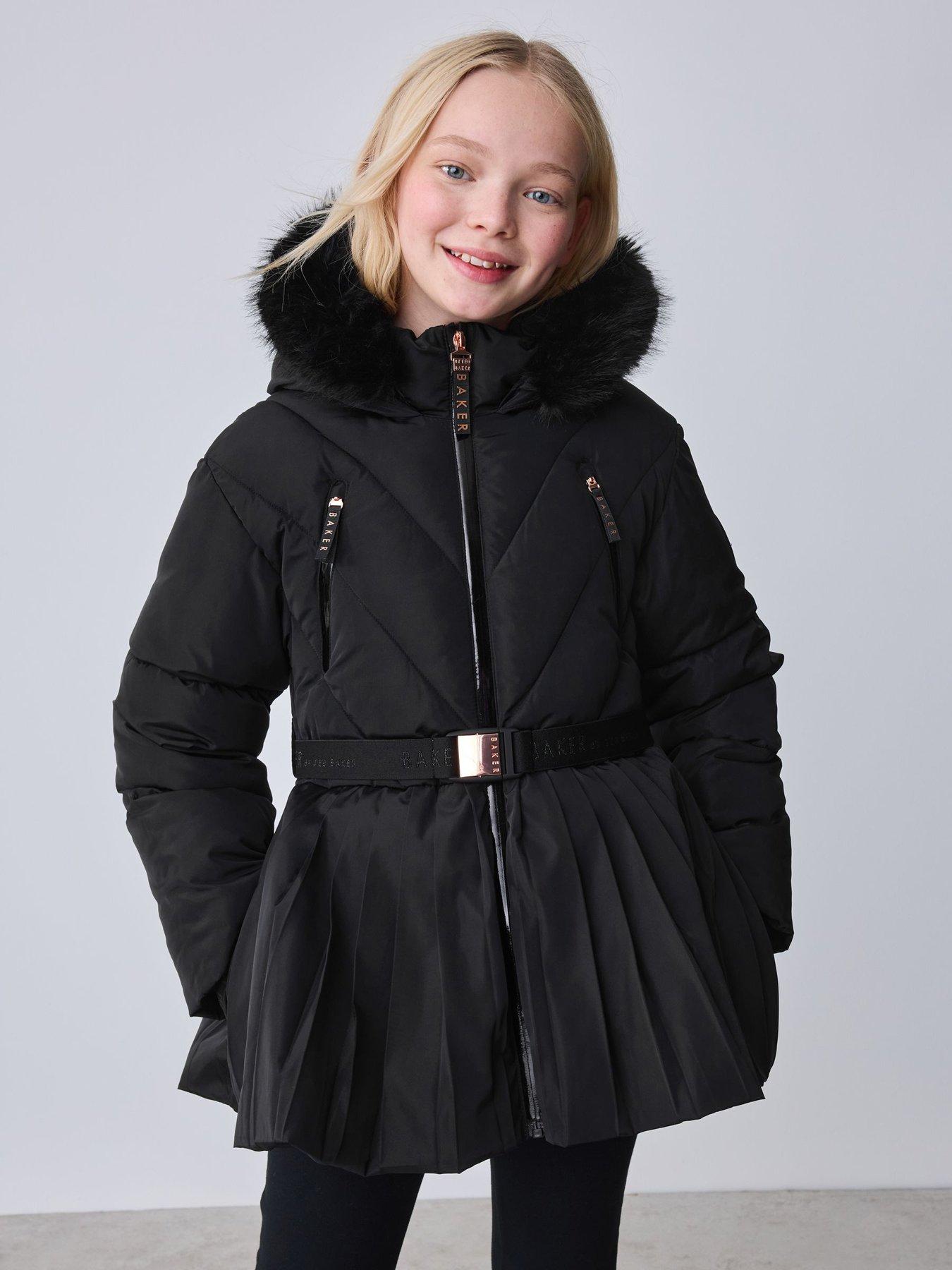 Ted Baker Girls Shower Resistant Short Belted Pleat Skirt Coat - Black