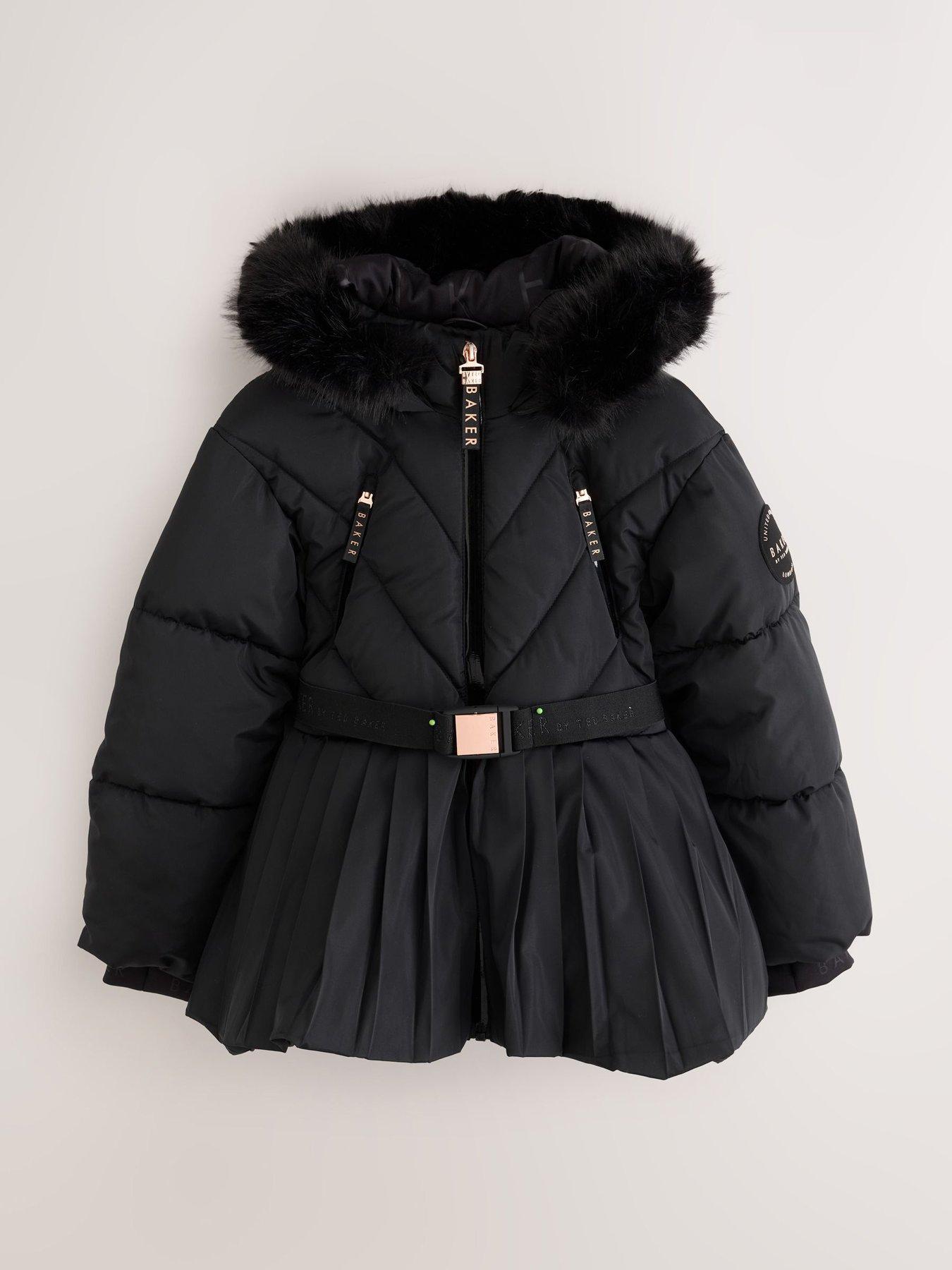 Image 1 of 7 of Ted Baker Older Girls Shower Resistant Short Belted Pleat Skirt Coat - Black