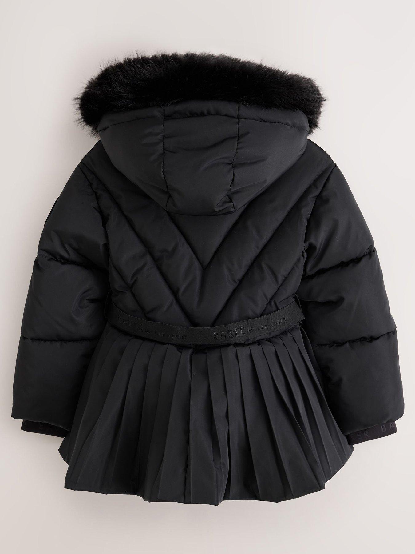 Image 3 of 7 of Ted Baker Older Girls Shower Resistant Short Belted Pleat Skirt Coat - Black