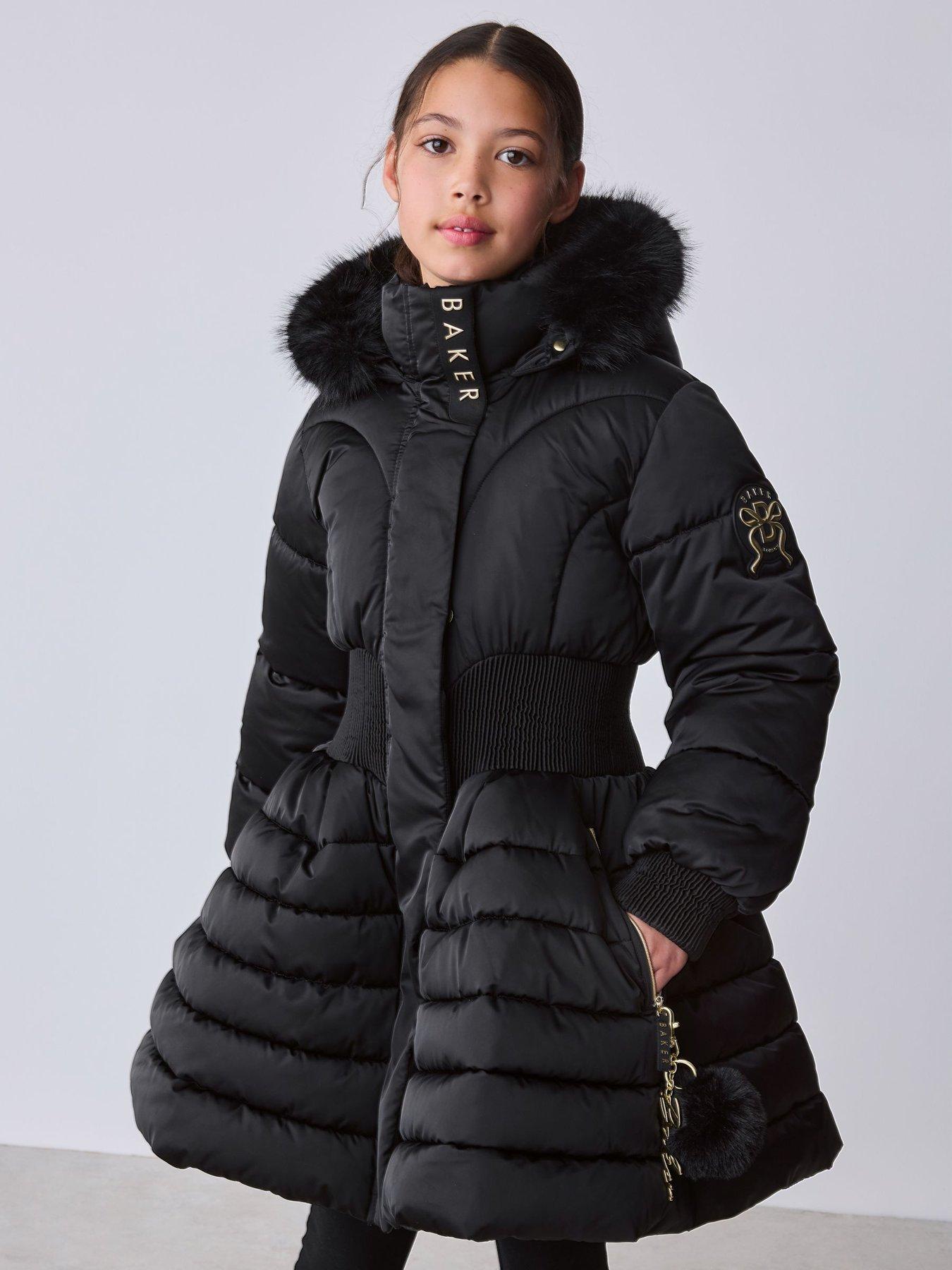 Image 1 of 7 of Ted Baker Girls' Quilted Padded Coat with Faux Fur Hood and Flared Skirt Hem - Black