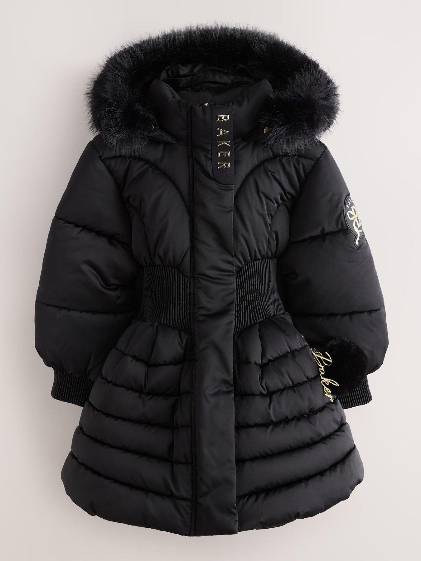 Image 2 of 7 of Ted Baker Girls' Quilted Padded Coat with Faux Fur Hood and Flared Skirt Hem - Black