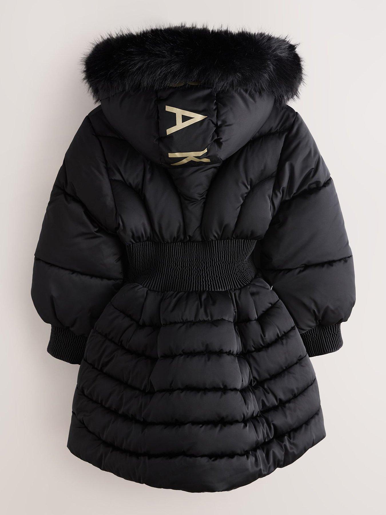 Image 3 of 7 of Ted Baker Girls' Quilted Padded Coat with Faux Fur Hood and Flared Skirt Hem - Black