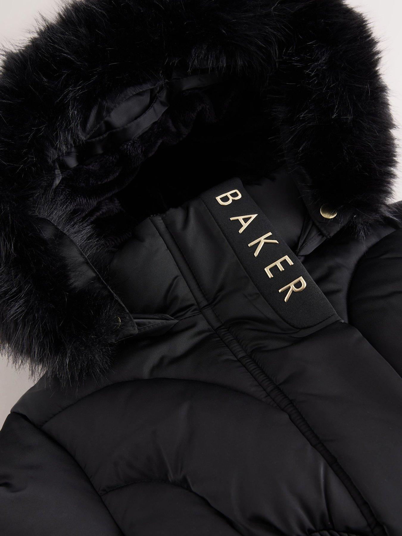 Image 4 of 7 of Ted Baker Girls' Quilted Padded Coat with Faux Fur Hood and Flared Skirt Hem - Black