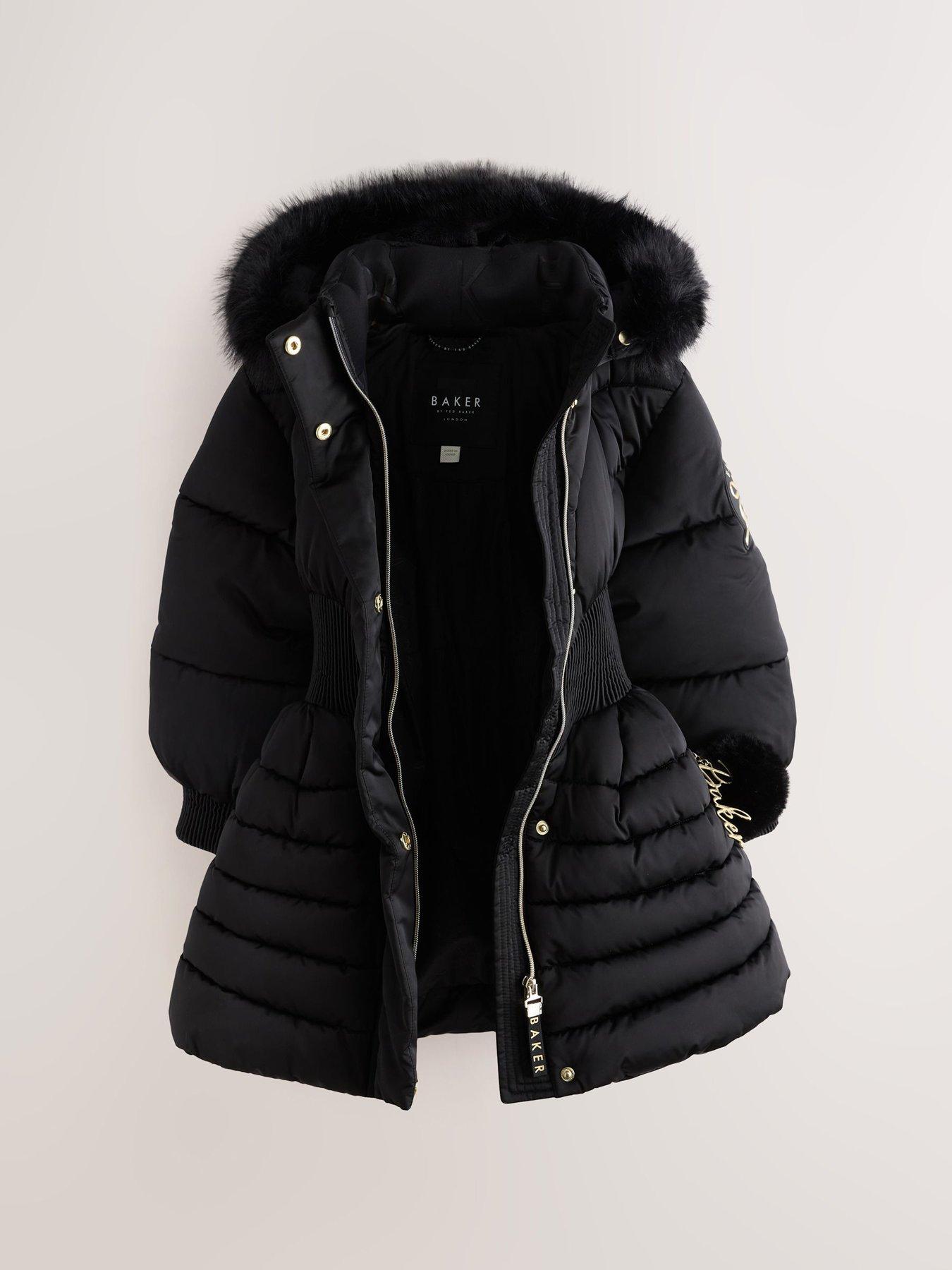Image 5 of 7 of Ted Baker Girls' Quilted Padded Coat with Faux Fur Hood and Flared Skirt Hem - Black