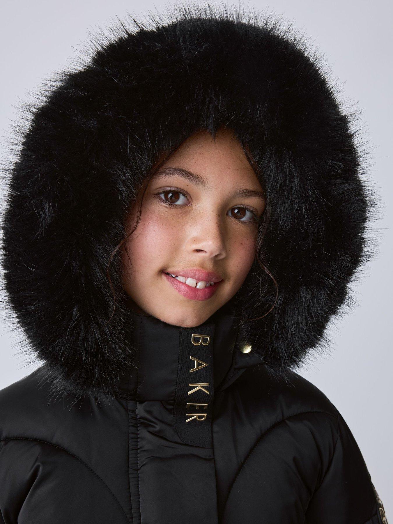 Image 6 of 7 of Ted Baker Girls' Quilted Padded Coat with Faux Fur Hood and Flared Skirt Hem - Black