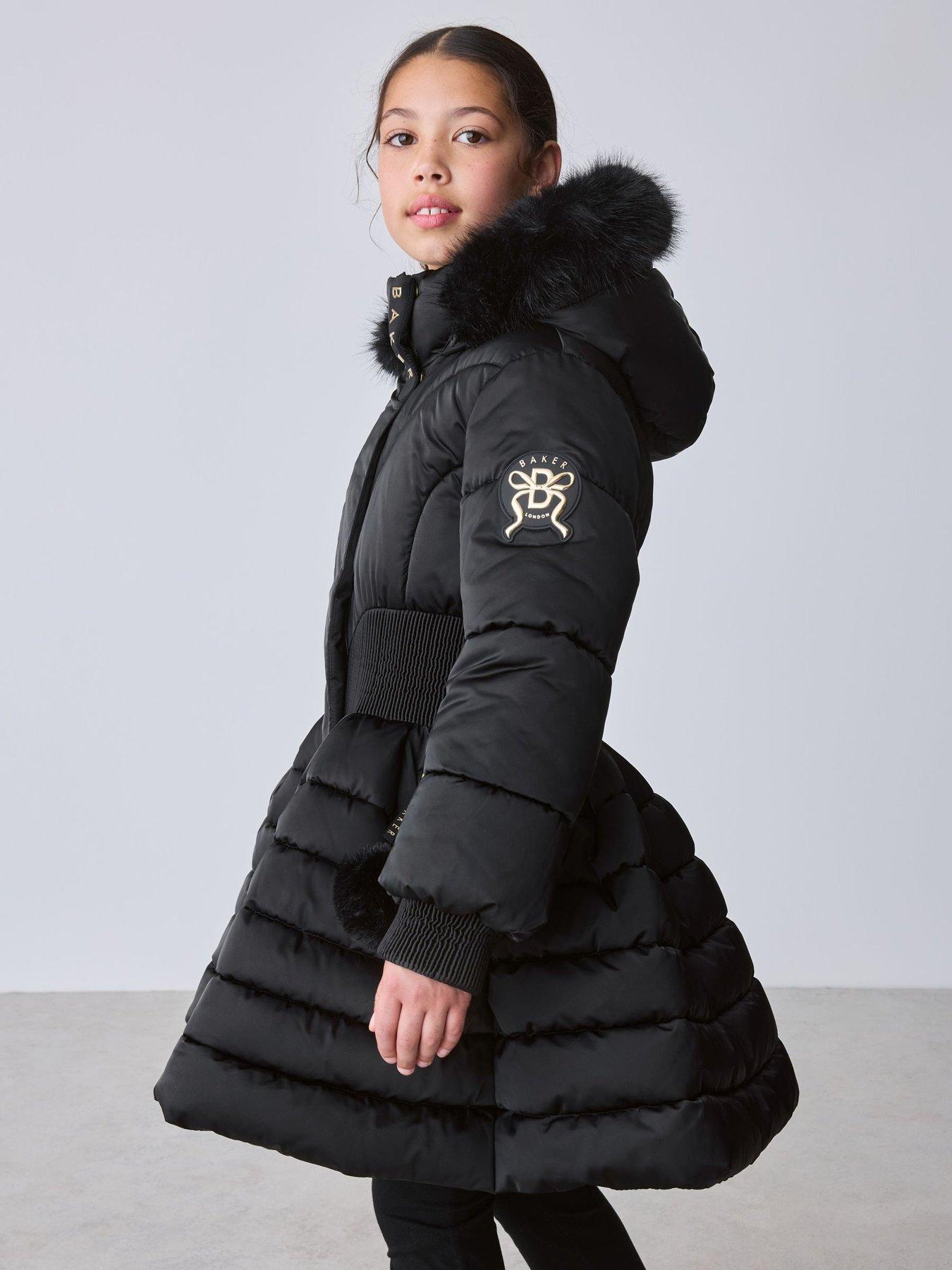 Image 7 of 7 of Ted Baker Girls' Quilted Padded Coat with Faux Fur Hood and Flared Skirt Hem - Black