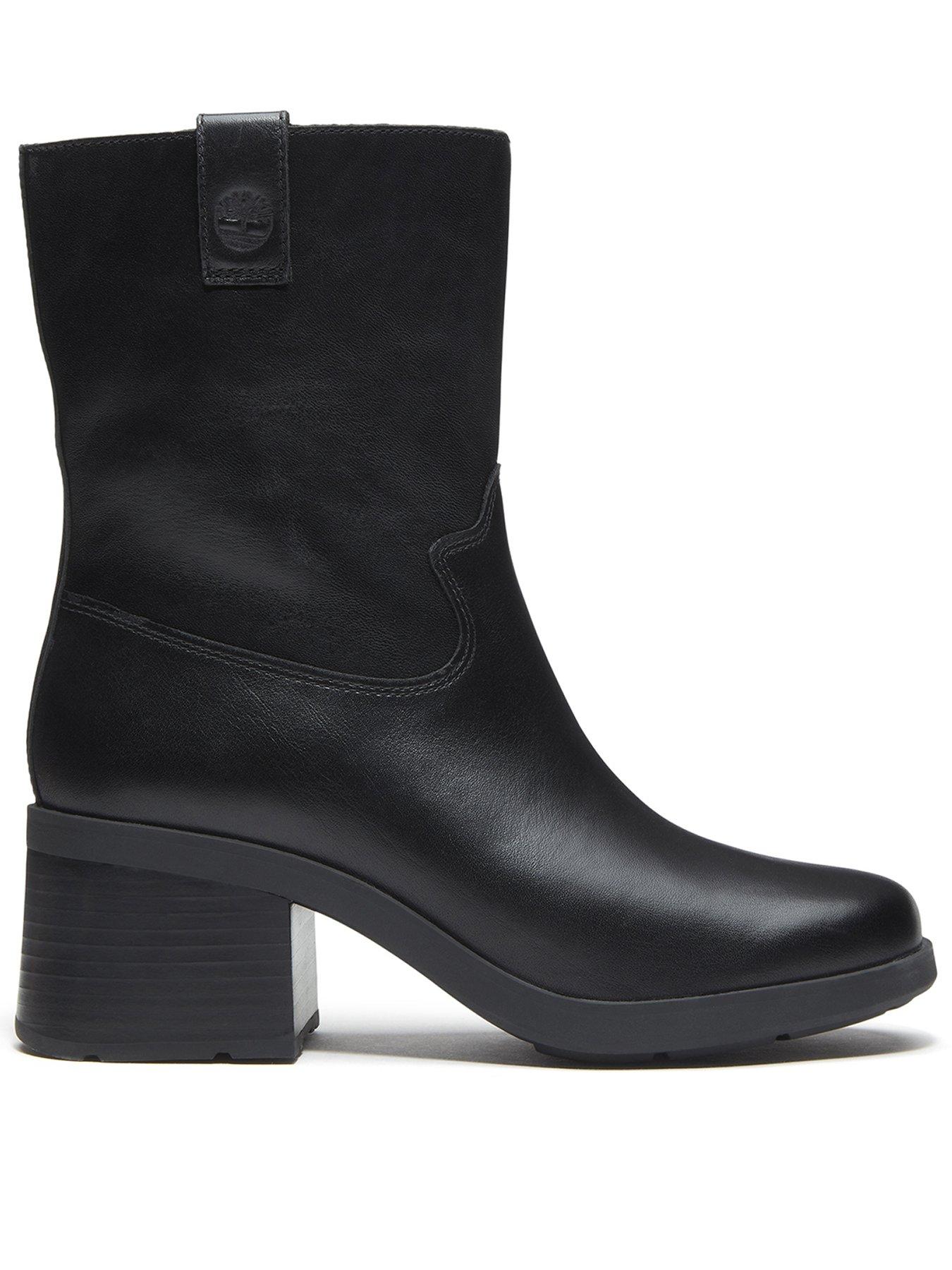 Timberland Bellevaux Leather Block Heel Side Zip Ankle Boots - Black