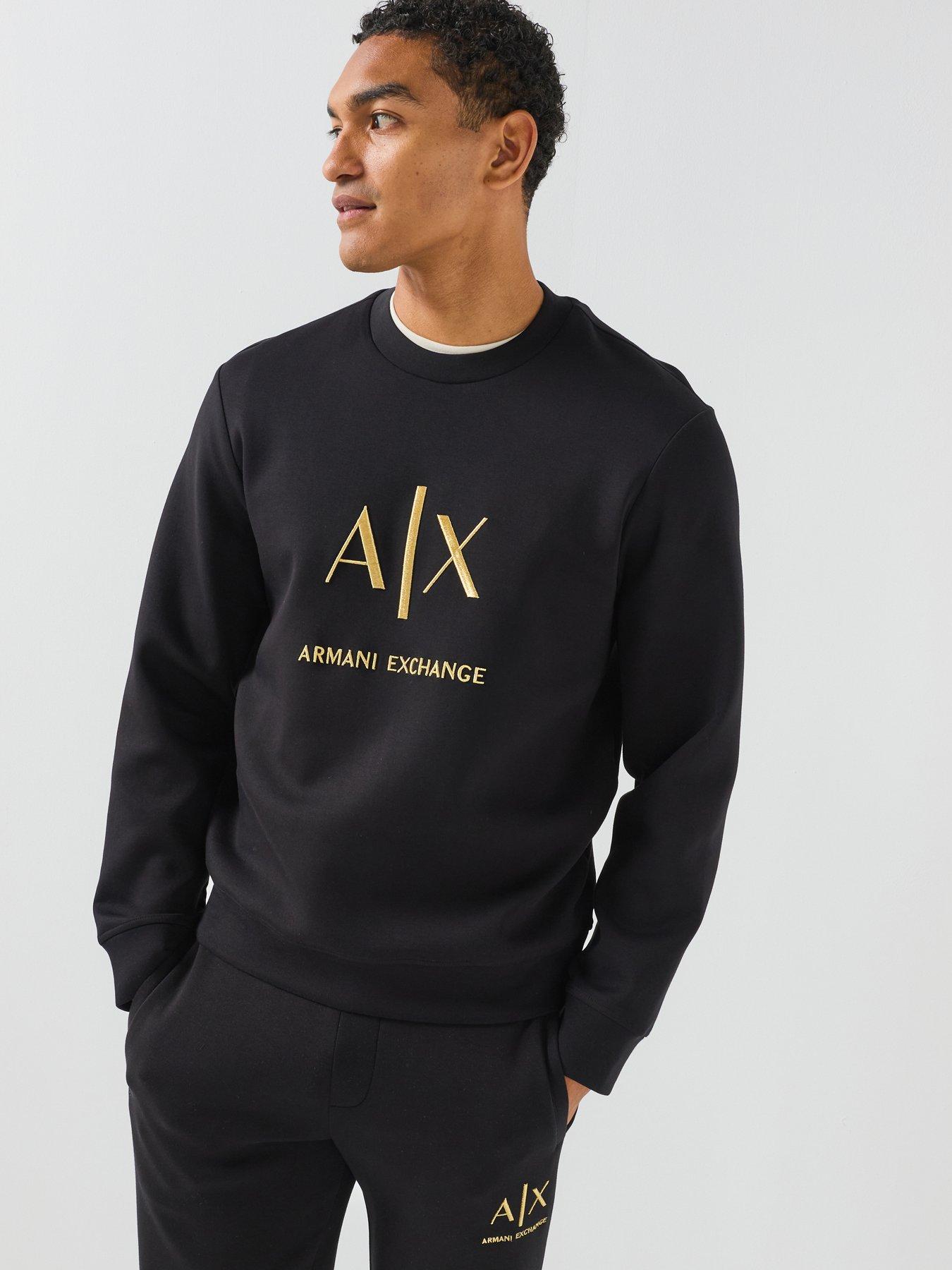 Armani Exchange Men's Black and Gold Logo Sweatshirt with Crew Neck and Long Sleeves - Black