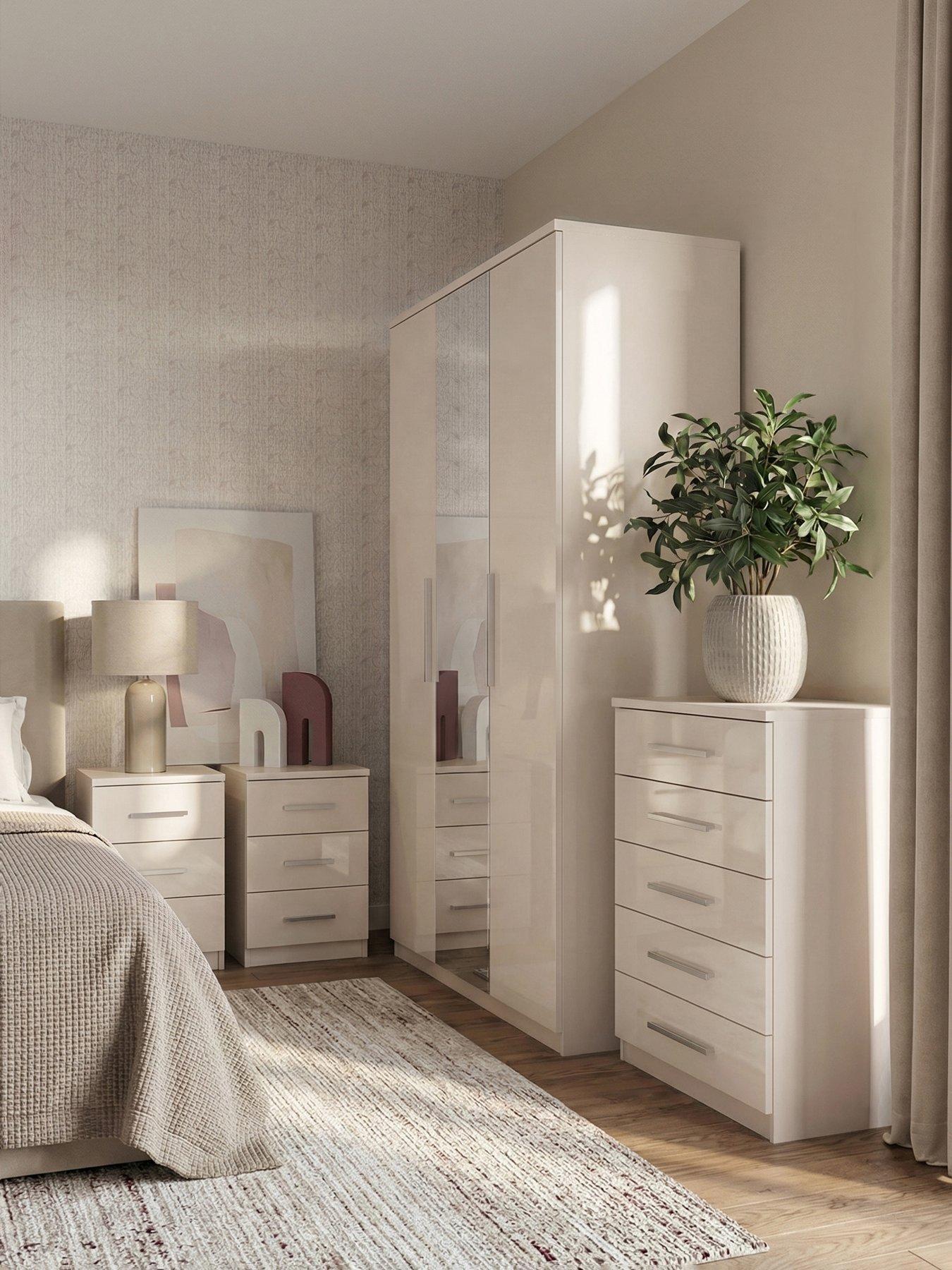 The Very Collection Prague 4 Piece Package - 3 Door Mirrored Wardrobe, 5 Drawer Chest and Pair of 3 Drawer Bedside Chests - Oatmeal Gloss