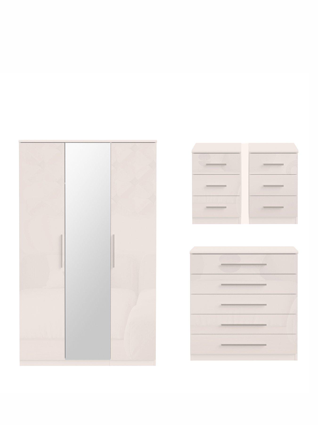 Image 2 of 6 of The Very Collection Prague 4 Piece Package - 3 Door Mirrored Wardrobe, 5 Drawer Chest and Pair of 3 Drawer Bedside Chests - Oatmeal Gloss - FSC&reg; Certified