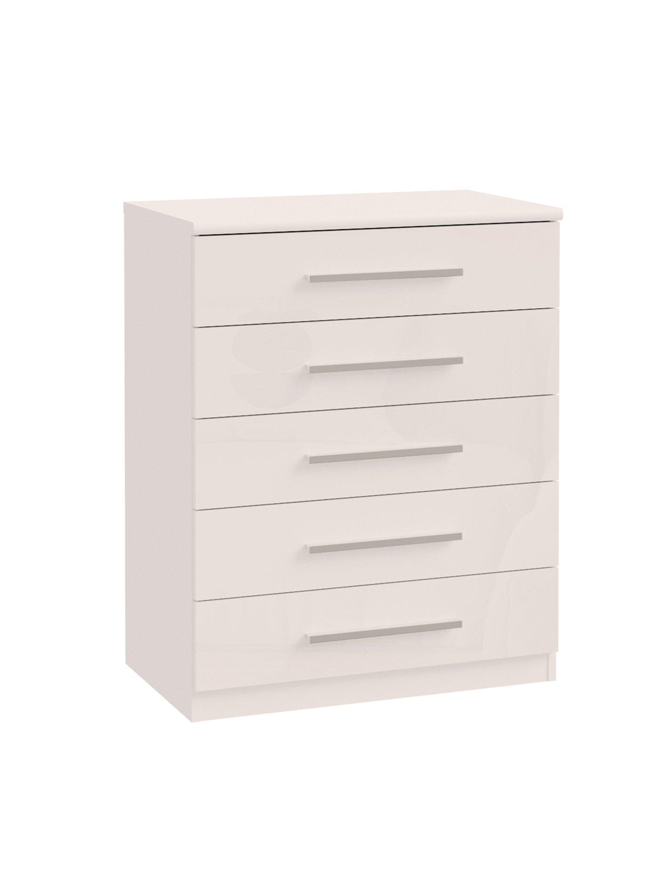 Image 4 of 6 of The Very Collection Prague 4 Piece Package - 3 Door Mirrored Wardrobe, 5 Drawer Chest and Pair of 3 Drawer Bedside Chests - Oatmeal Gloss - FSC&reg; Certified