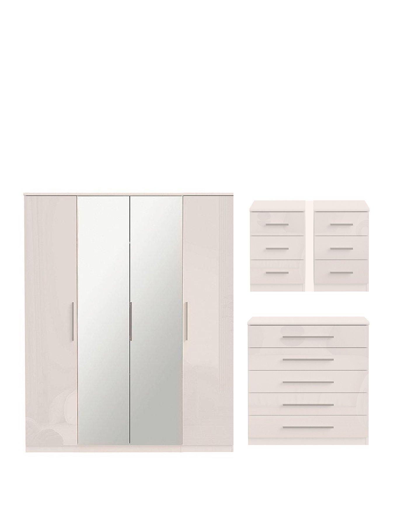 Image 2 of 6 of The Very Collection Prague 4 Piece Package - 4 Door Mirrored Wardrobe, 5 Drawer Chest and Pair of 3 Drawer Bedside Chests - White Gloss - FSC&reg; Certified