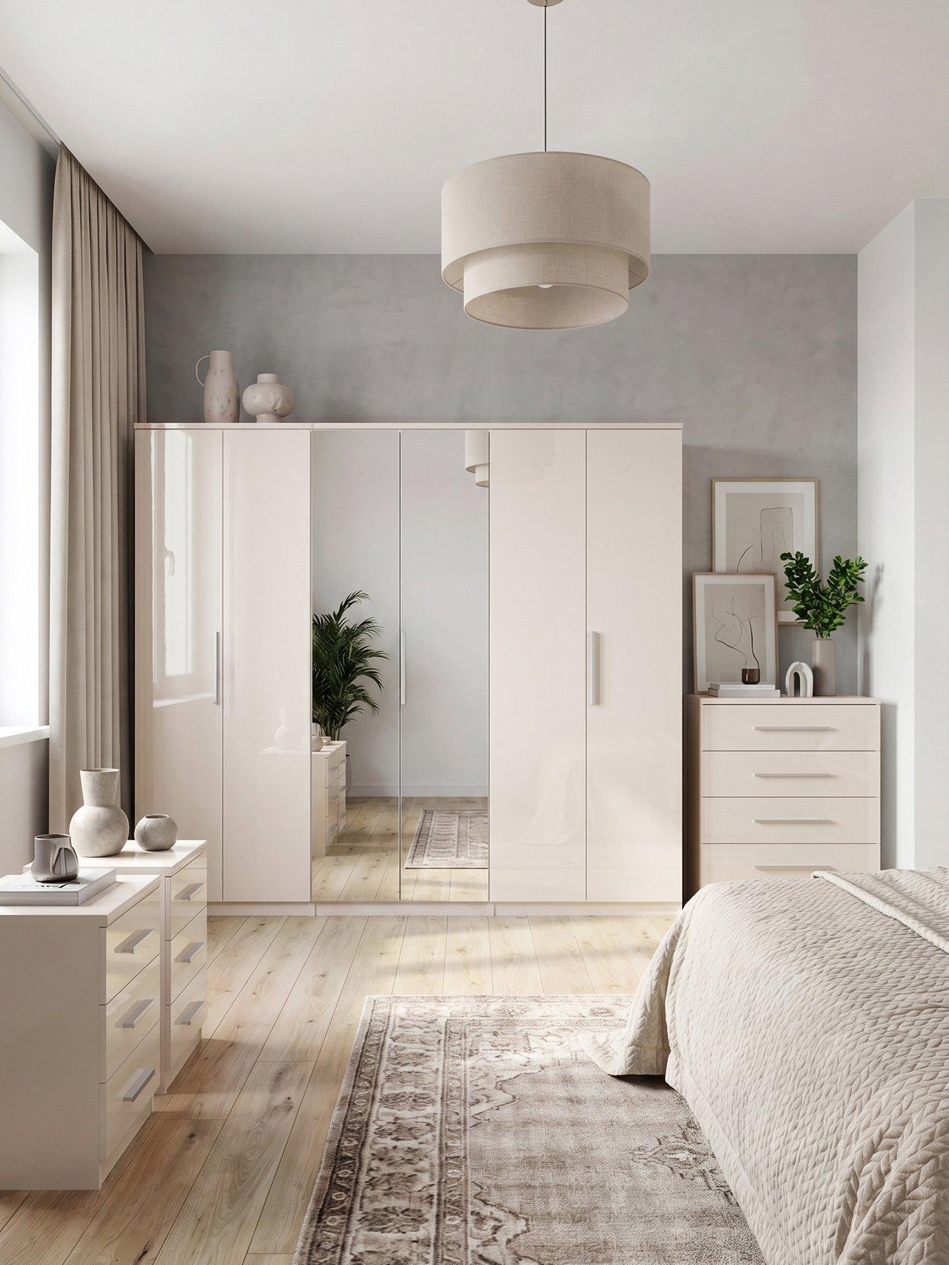 The Very Collection Prague Gloss Package - 6 Door Wardrobe, 5 Drawer Chest and Pair of 3 Drawer Bedside Chests - Oatmeal