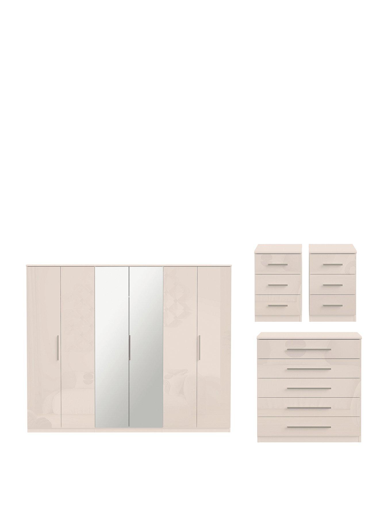 Image 2 of 6 of The Very Collection Prague Gloss Package - 6 Door Wardrobe, 5 Drawer Chest and Pair of 3 Drawer Bedside Chests - Oatmeal - FSC&reg; Certified