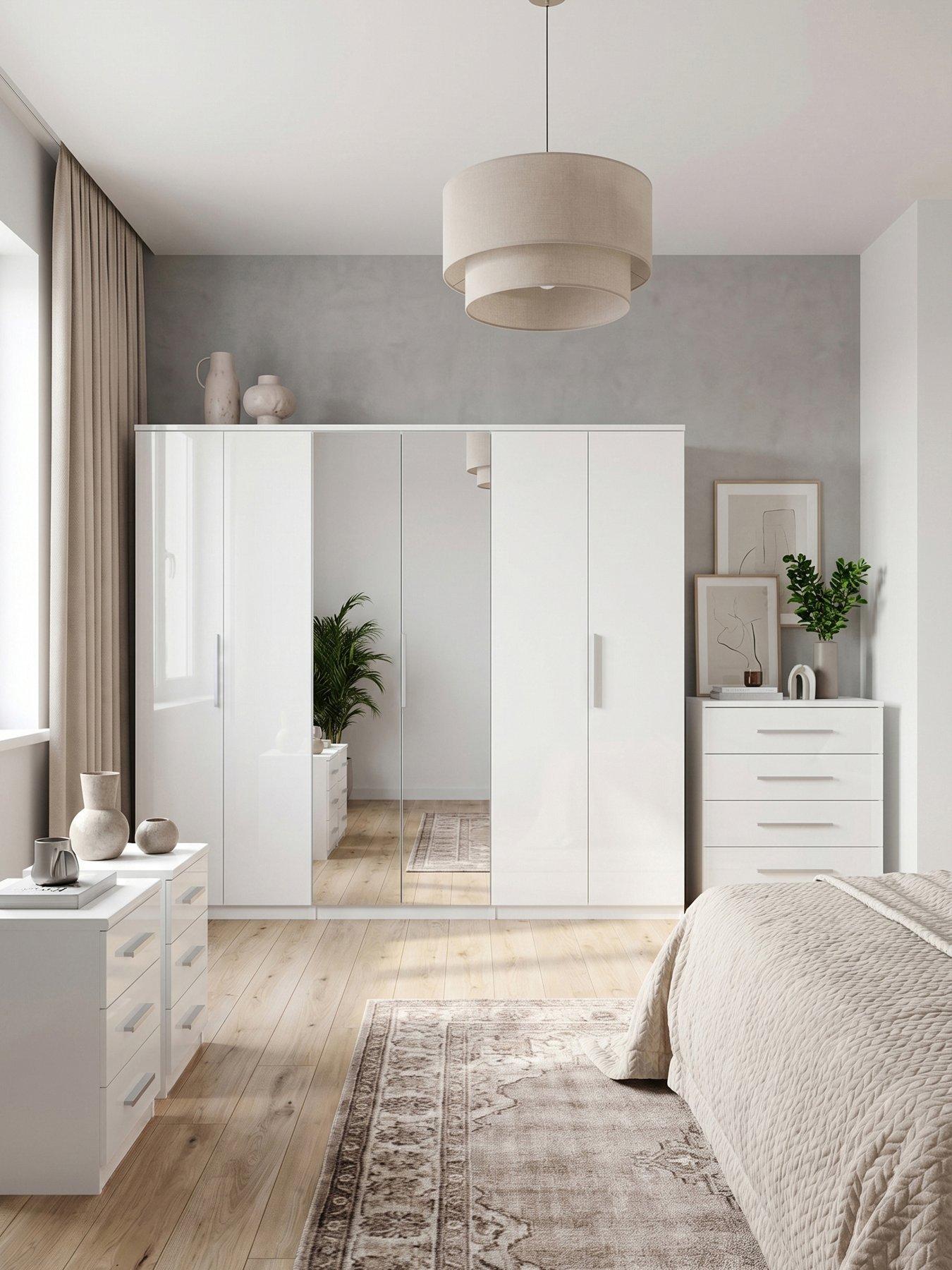 The Very Collection Prague Gloss Package - 6 Door Wardrobe, 5 Drawer Chest and Pair of 3 Drawer Bedside Chests - White