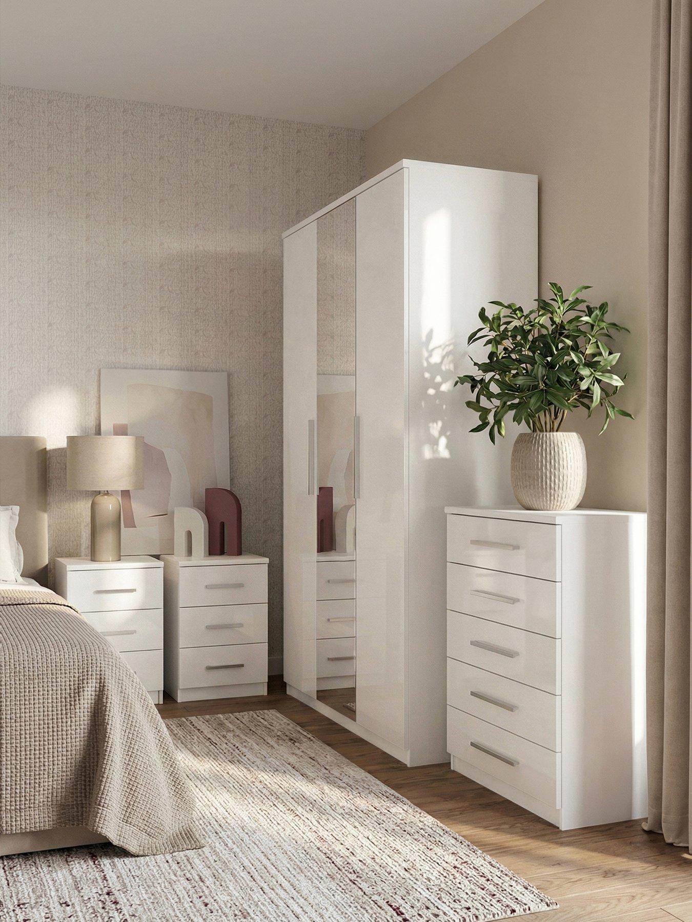 The Very Collection Prague 4 Piece Package - 3 Door Mirrored Wardrobe, 5 Drawer Chest and Pair of 3 Drawer Bedside Chests - White Gloss