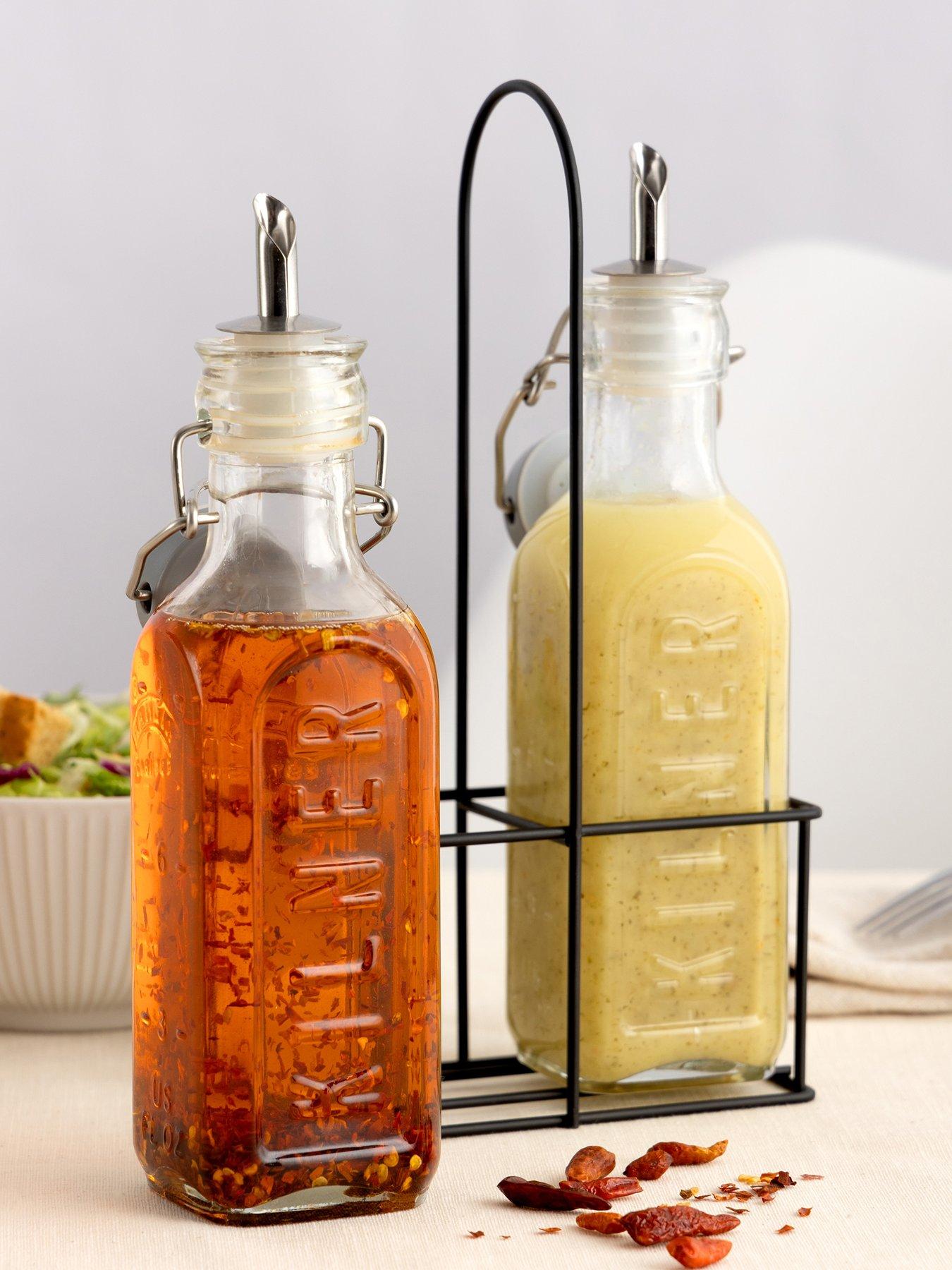 KILNER Set Of 2 Oil Bottles  &  Metal Rack 0.3 Litre