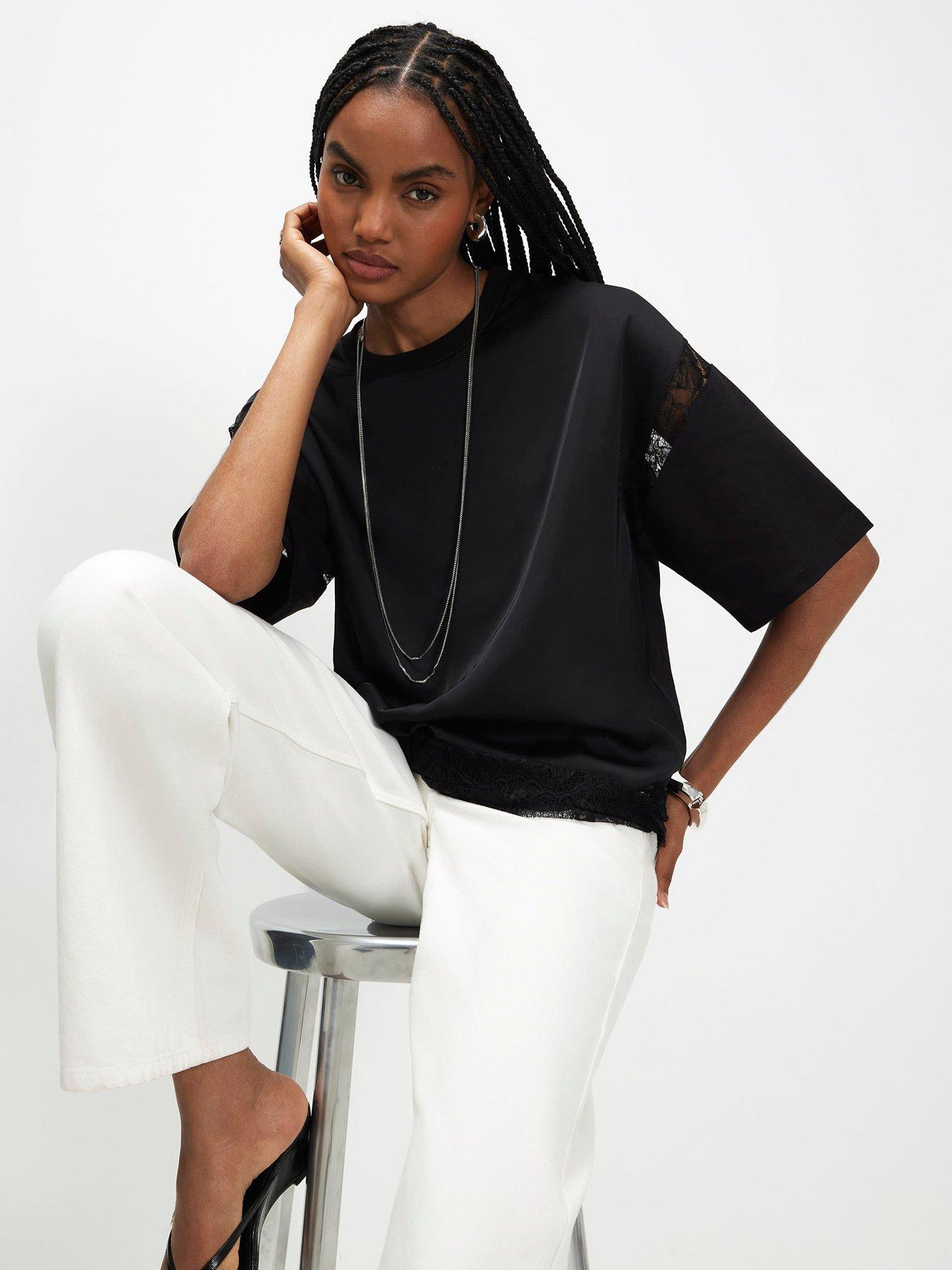 River Island Short Sleeve Satin Lace Boyfriend Tee in Black