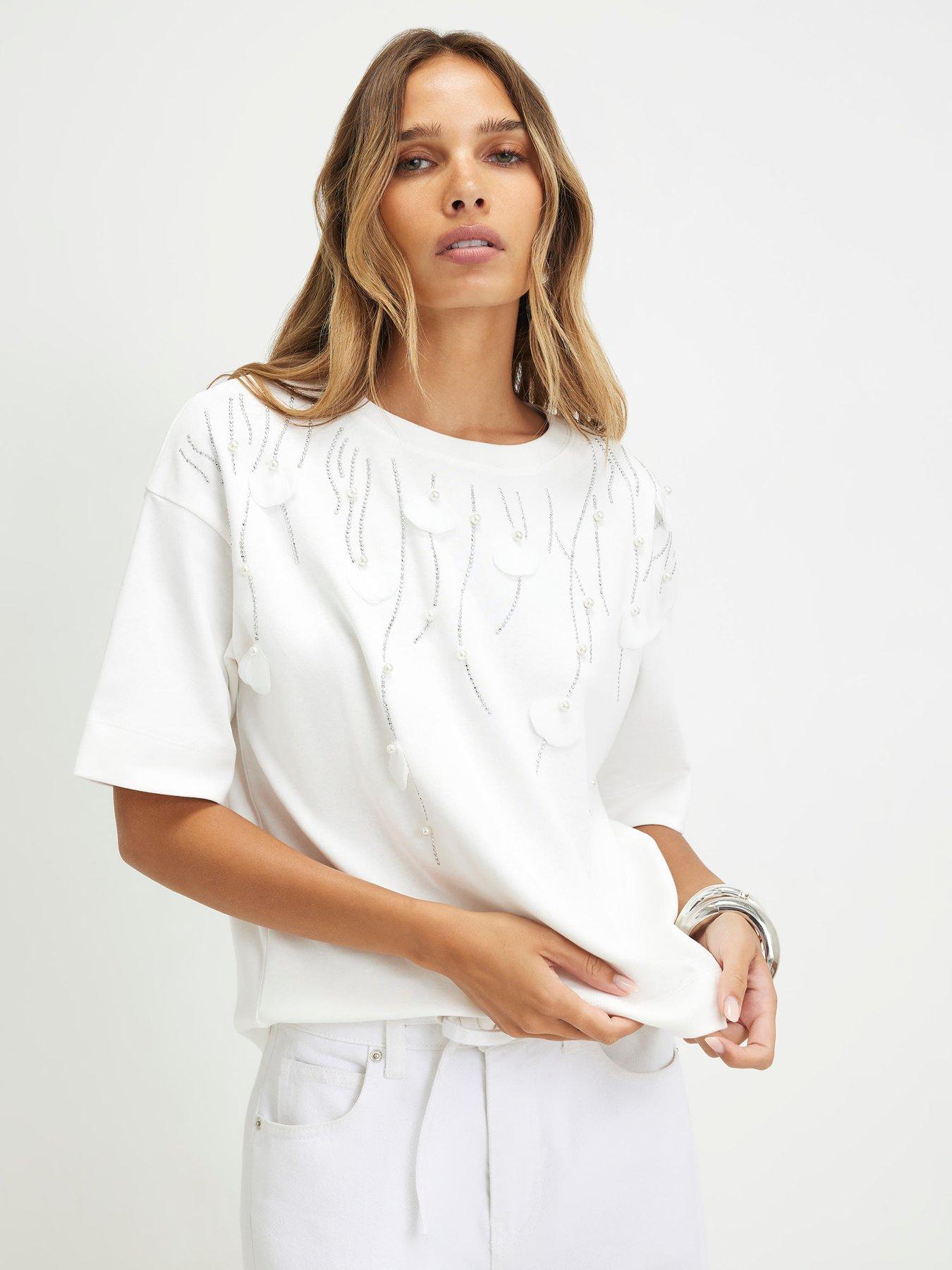 Image 1 of 6 of River Island Cotton Petal Embellished T-Shirt - Cream
