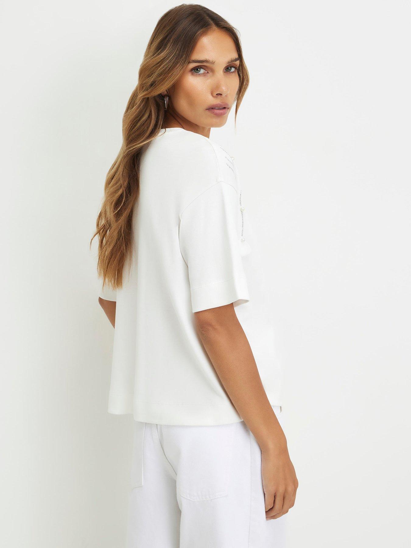 Image 2 of 6 of River Island Cotton Petal Embellished T-Shirt - Cream