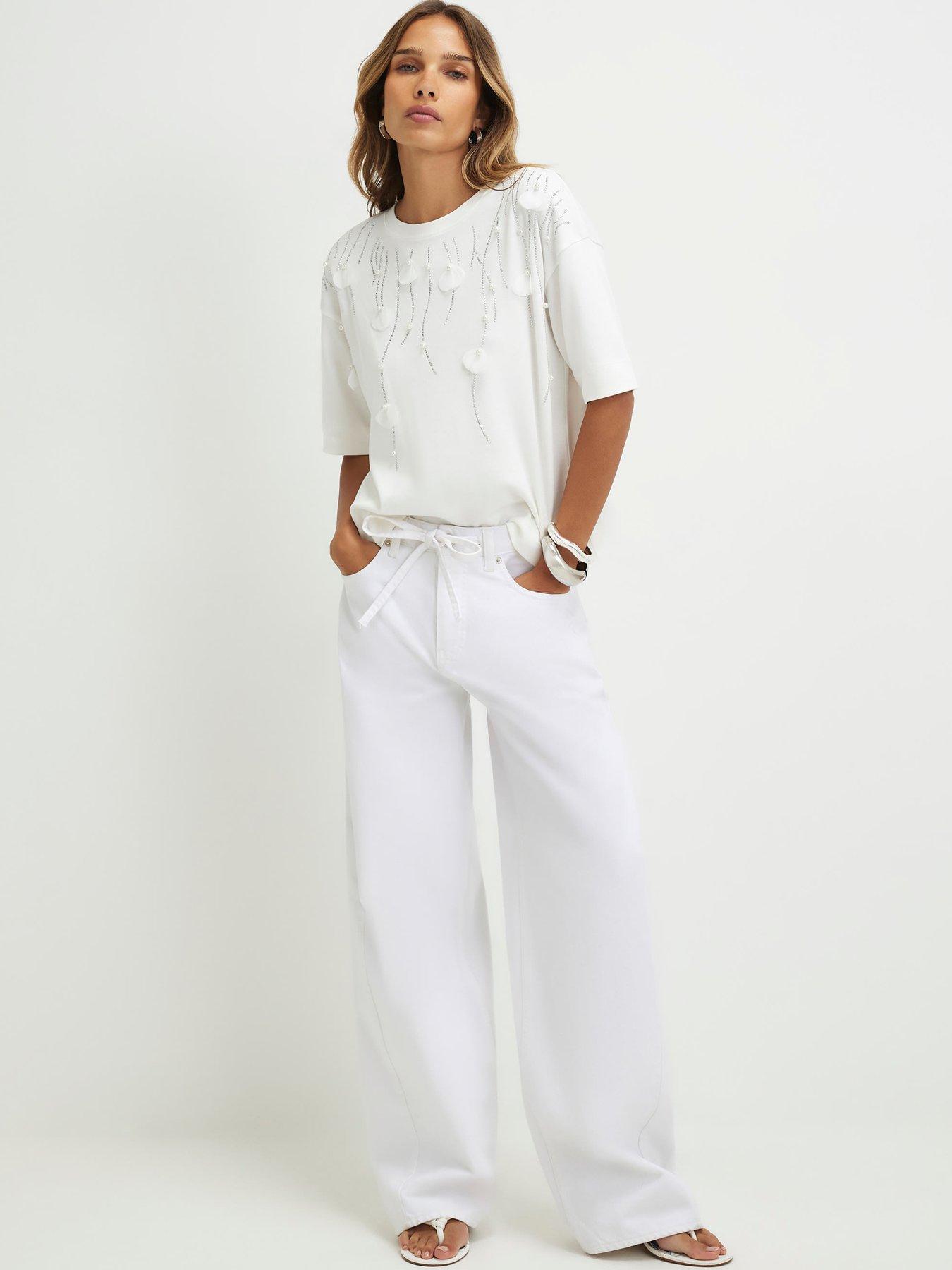 Image 3 of 6 of River Island Cotton Petal Embellished T-Shirt - Cream