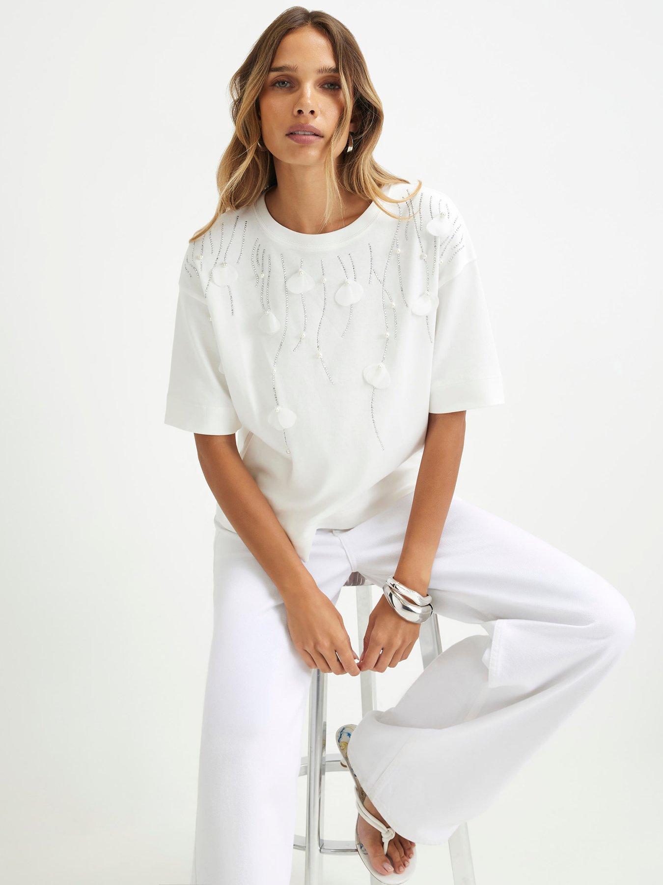 Image 4 of 6 of River Island Cotton Petal Embellished T-Shirt - Cream