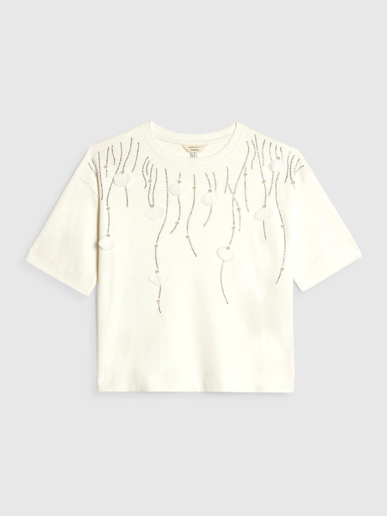 Image 5 of 6 of River Island Cotton Petal Embellished T-Shirt - Cream