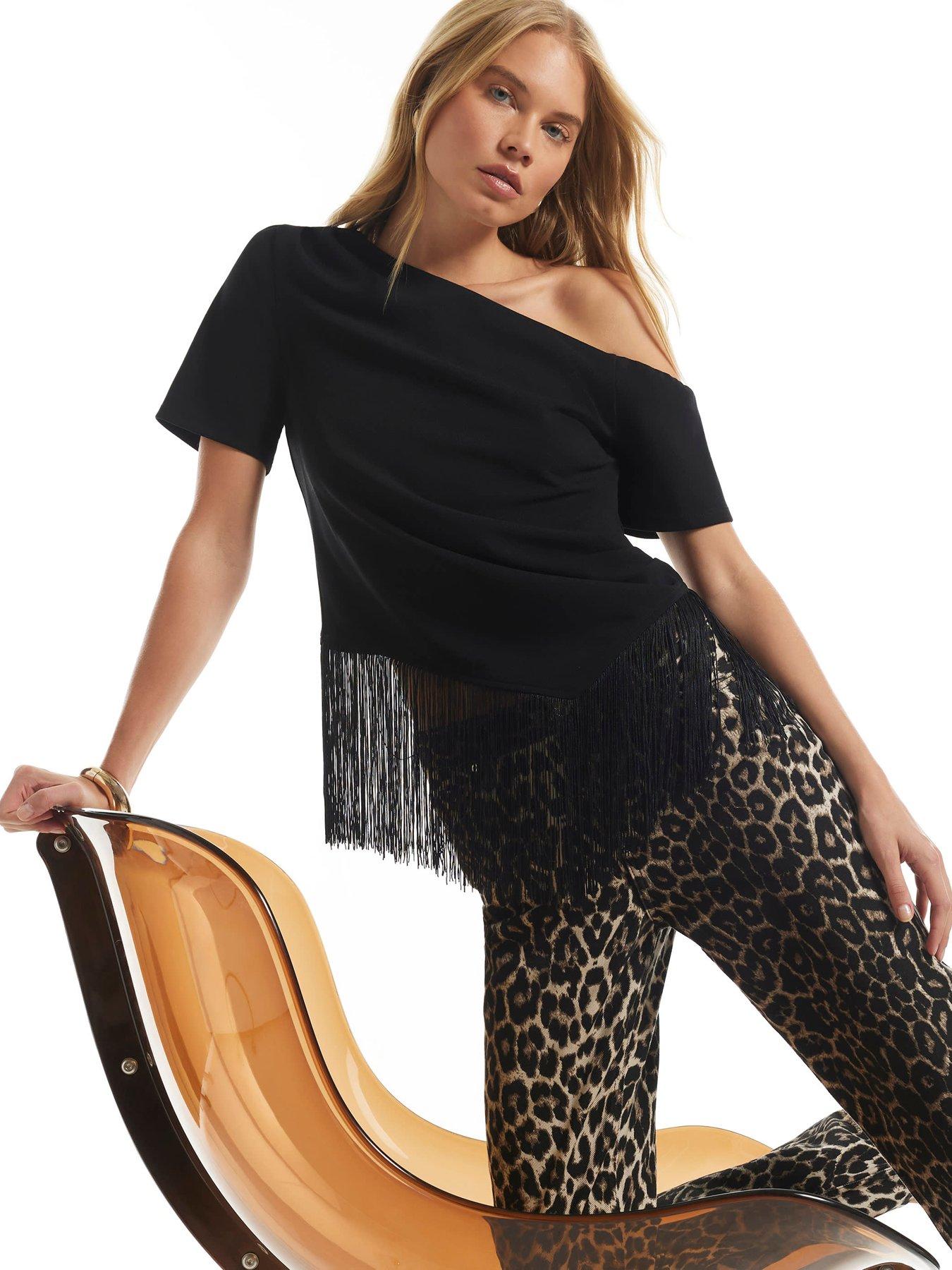 Image 1 of 6 of River Island Womens One-Shoulder Fringe Hem Drape Blouse - Black