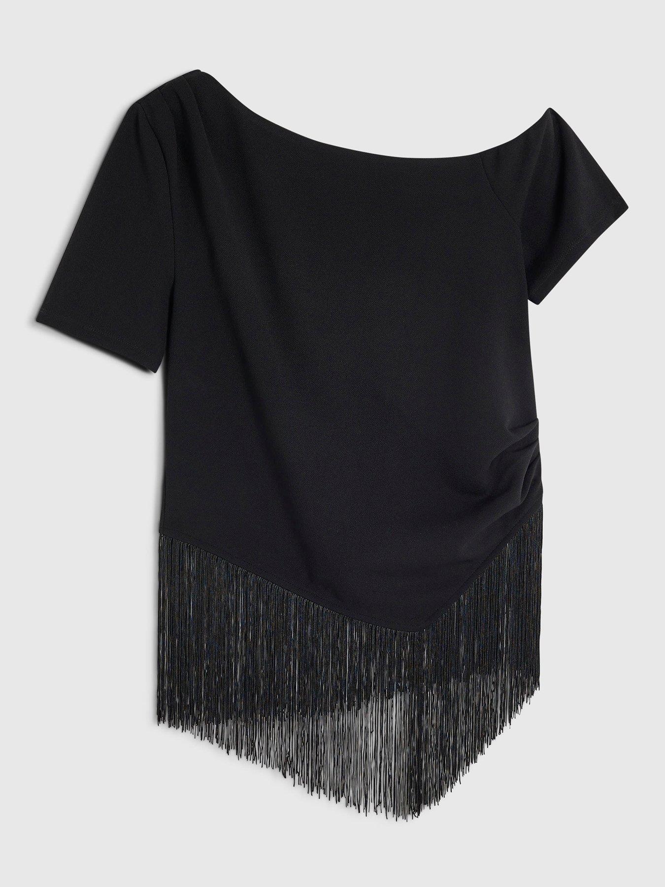 Image 6 of 6 of River Island Womens One-Shoulder Fringe Hem Drape Blouse - Black