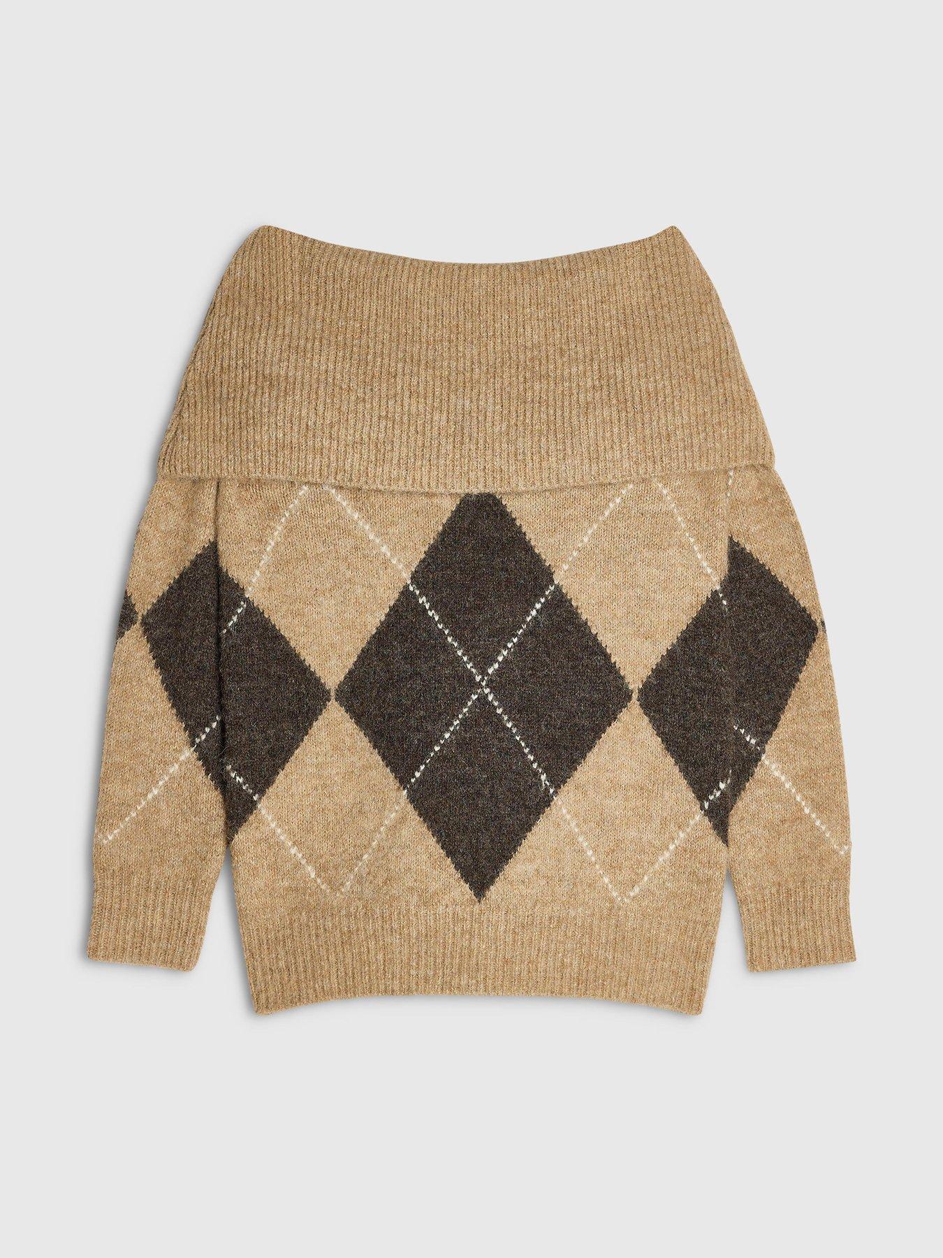 Image 6 of 6 of River Island Womens Argyle Bardot Knit Jumper - Beige