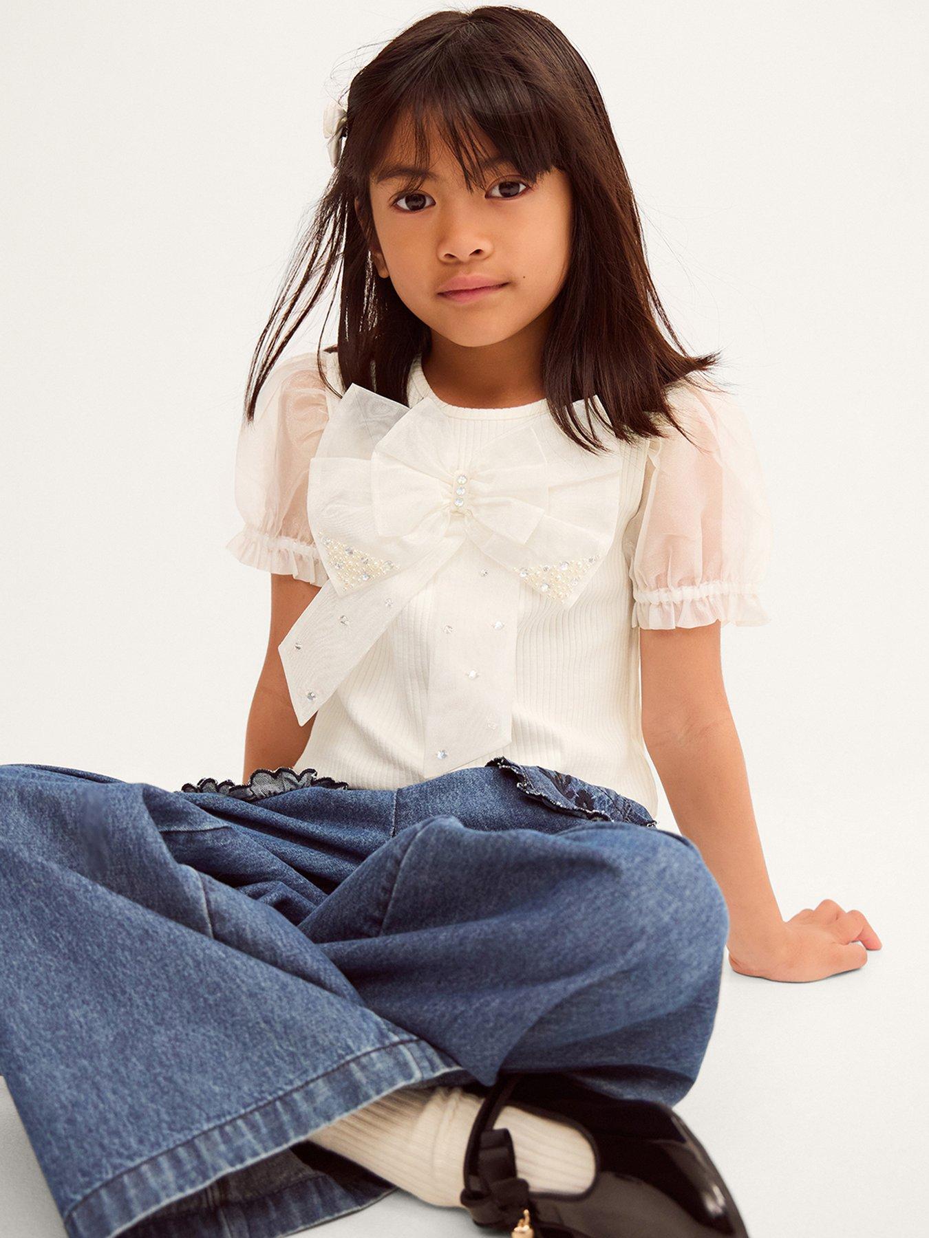 Monsoon Girls Short Sleeve Pearl Organza Bow T-shirt - Light Cream