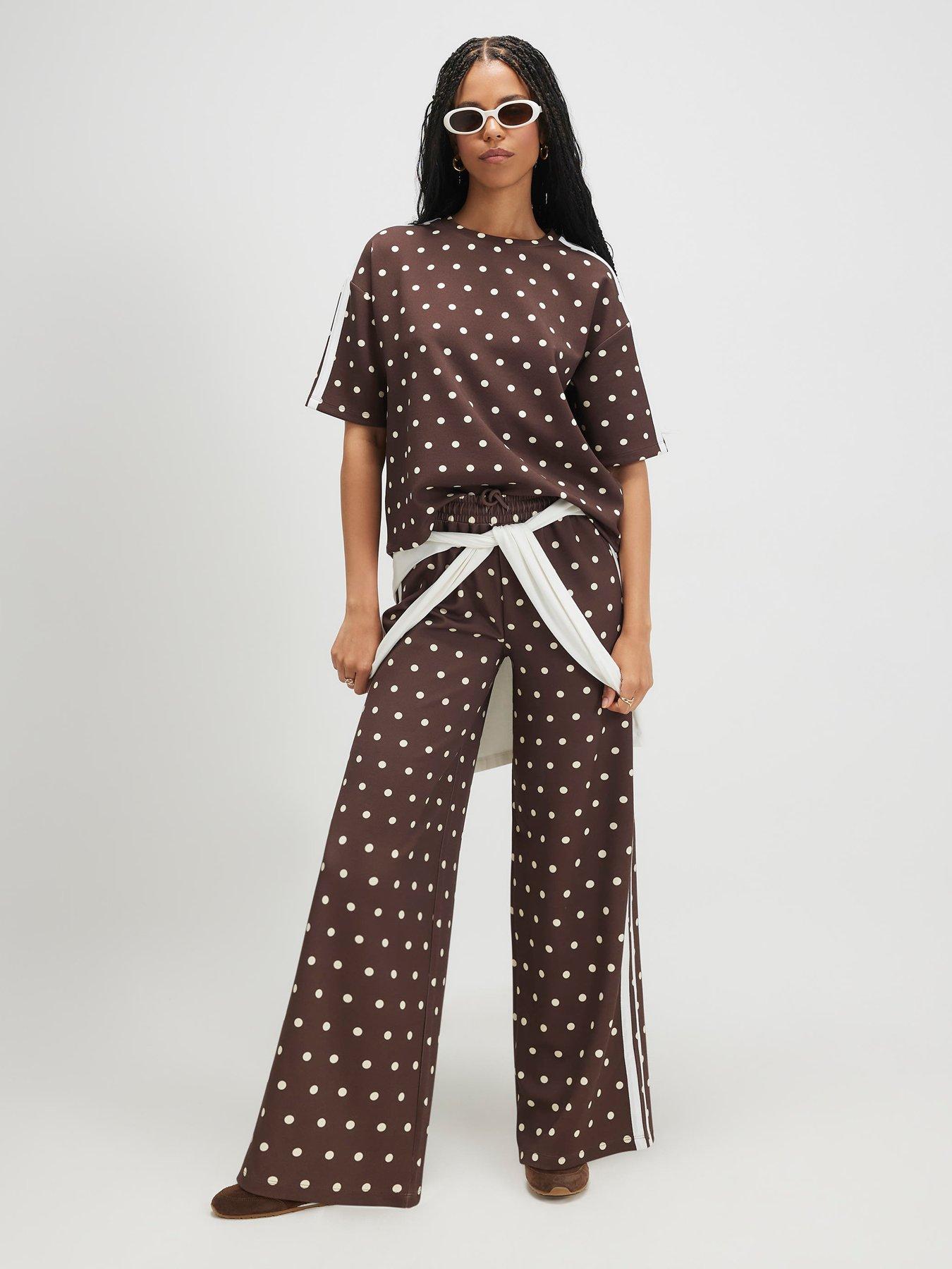 Image 3 of 5 of River Island Short Sleeve Polka Dot Tape Neoprene Co-Ord T-Shirt - Brown