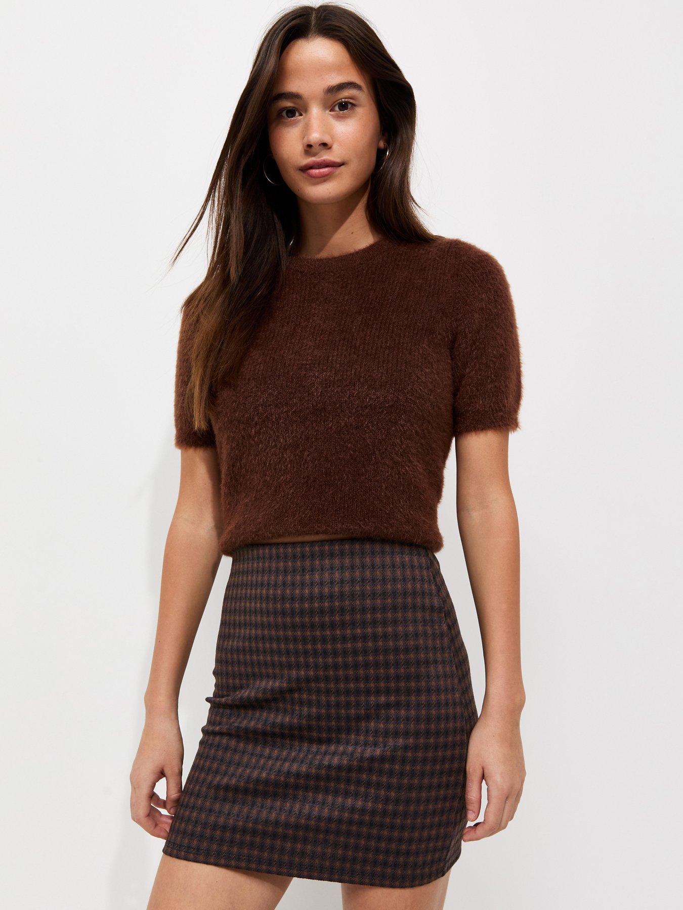 Image 1 of 5 of New Look Brown Jacquard Jersey Check Tube Mini Skirt