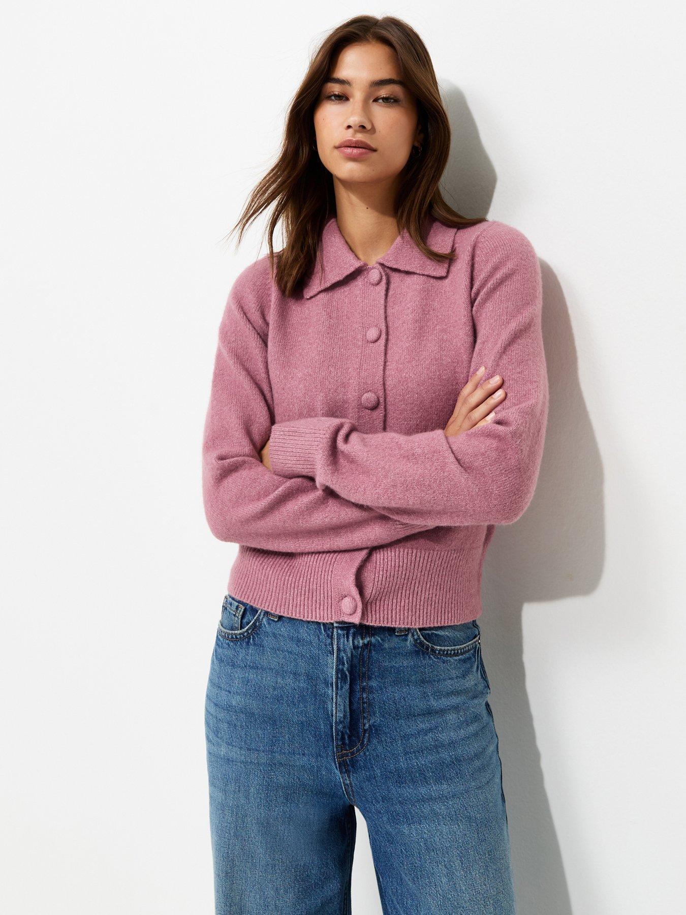 New Look Dark Pink Midweight Knit Collared Button Front Cardigan