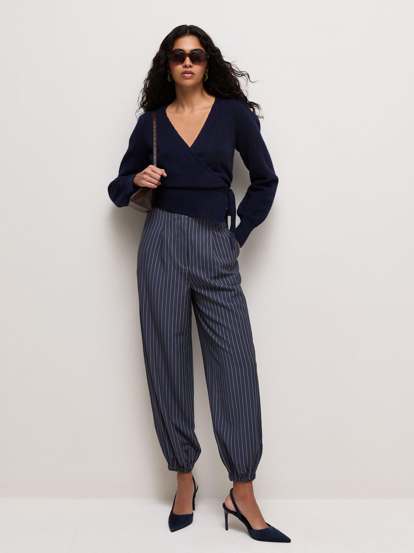 Image 1 of 5 of New Look Pinstriped Tapered Cuffed Trousers - Blue