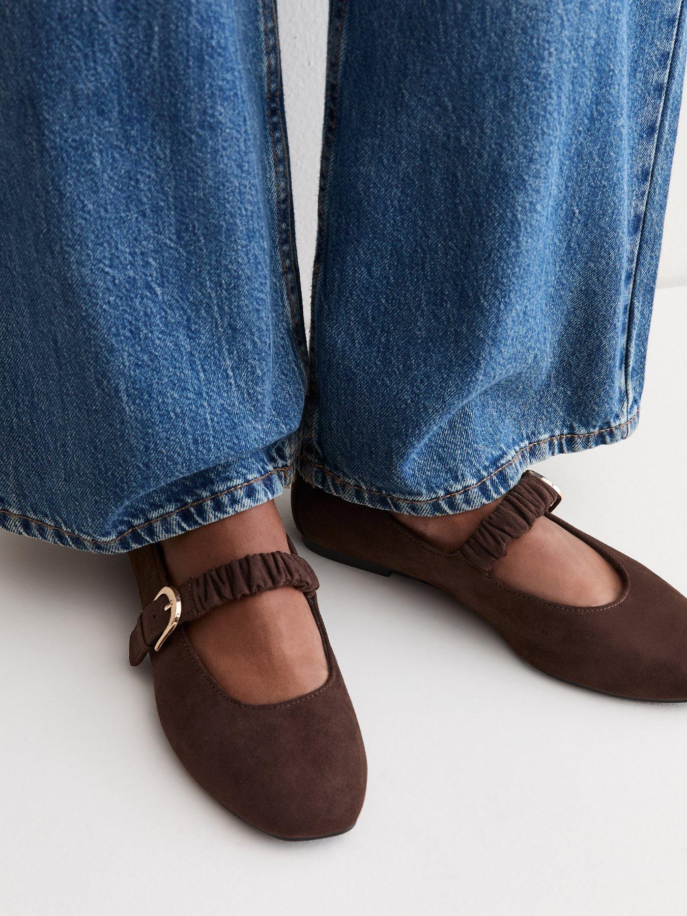 New Look Wide Fit Faux Suede Ruched Strap Mary Jane Shoes - Dark Brown