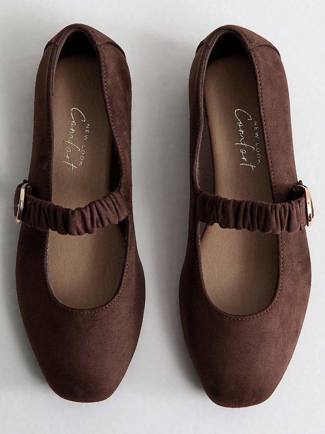 Image 4 of 6 of New Look Wide Fit Faux Suede Ruched Strap Mary Jane Shoes - Dark Brown