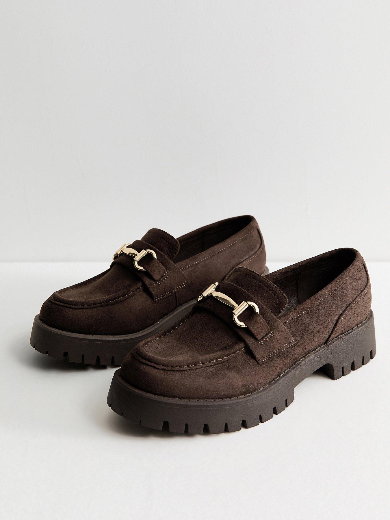 New Look Women's Faux Suede Metal Bar Chunky Loafers Brown