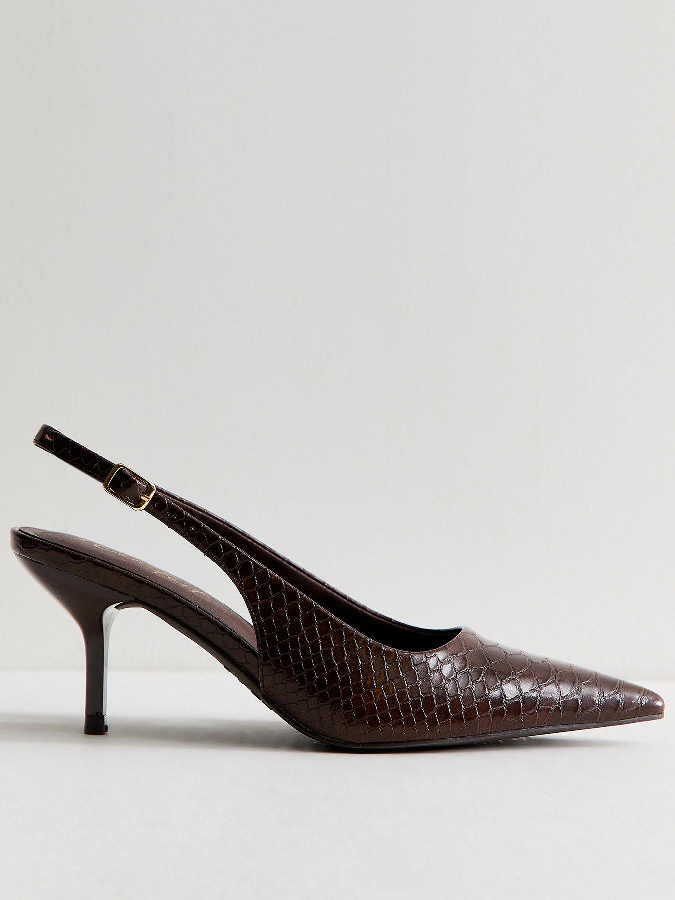 Image 1 of 6 of New Look Dark Brown Faux Leather Snakeskin Embossed Slingback Heels