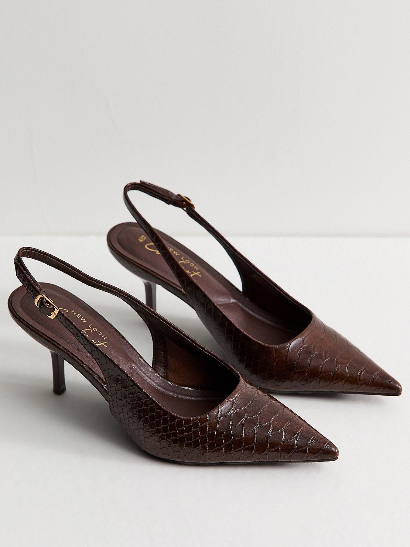 Image 2 of 6 of New Look Dark Brown Faux Leather Snakeskin Embossed Slingback Heels