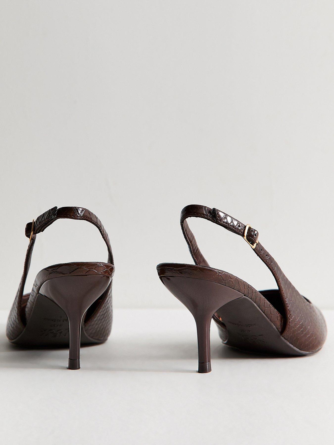 Image 3 of 6 of New Look Dark Brown Faux Leather Snakeskin Embossed Slingback Heels