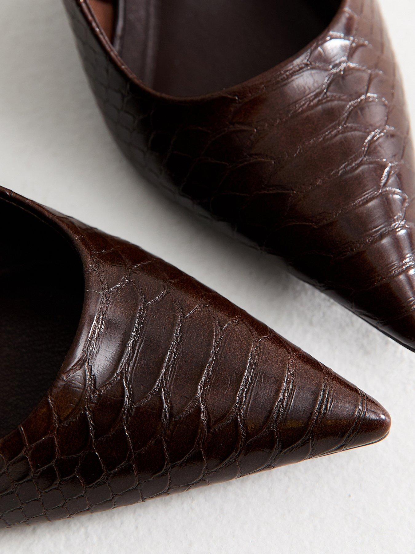 Image 4 of 6 of New Look Dark Brown Faux Leather Snakeskin Embossed Slingback Heels