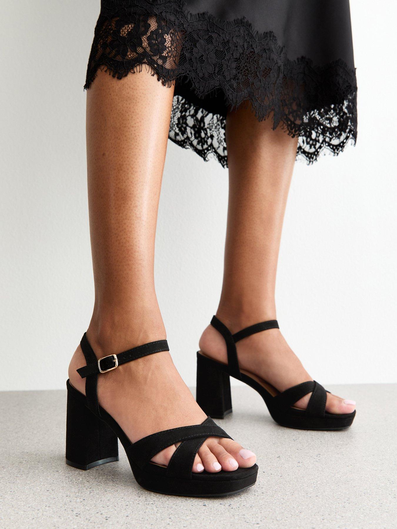New Look Faux Suede Cross Strap Heel Sandals - Black
