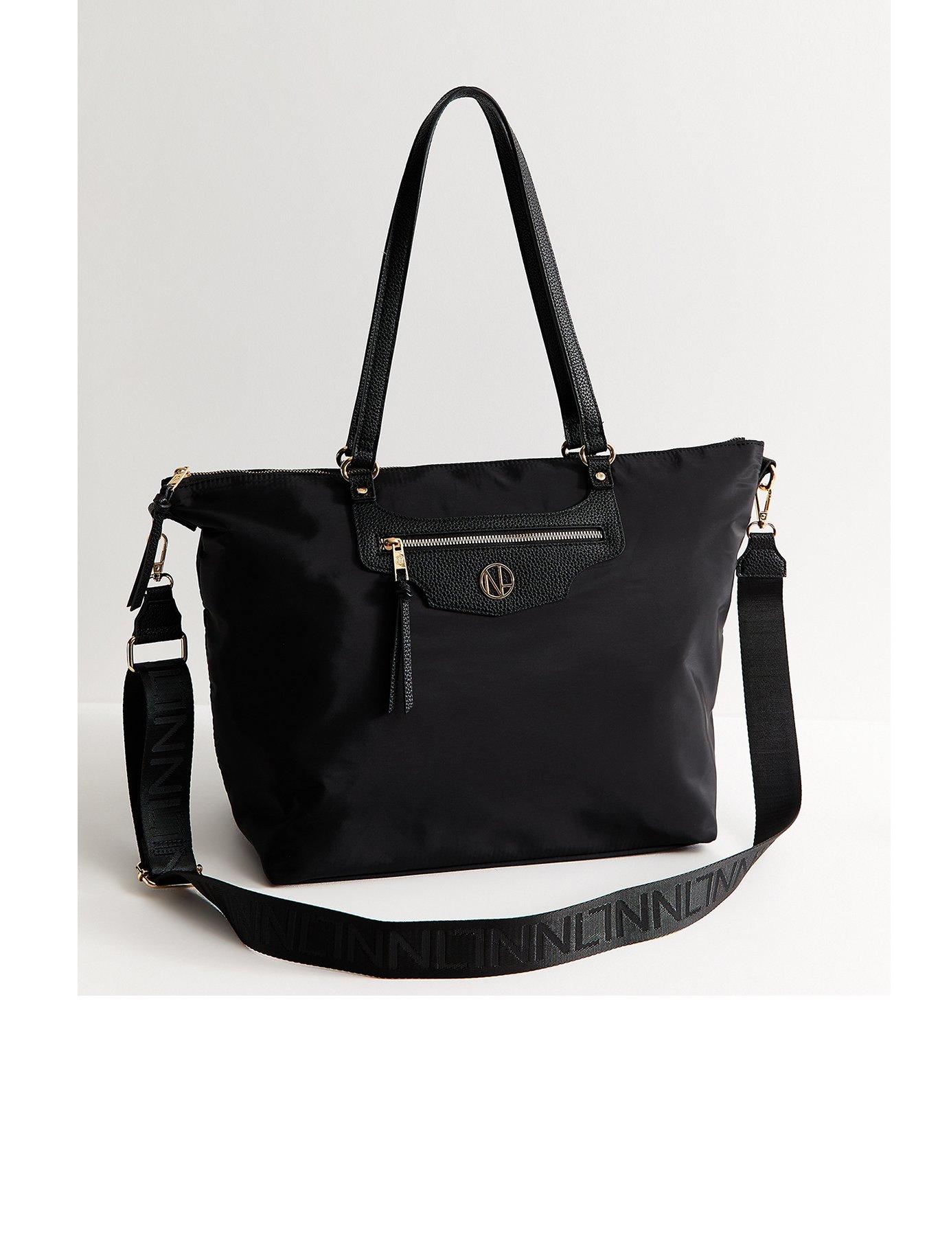 New Look Faux Leather Logo Plaque Front Pocket Tote School Bag - Black