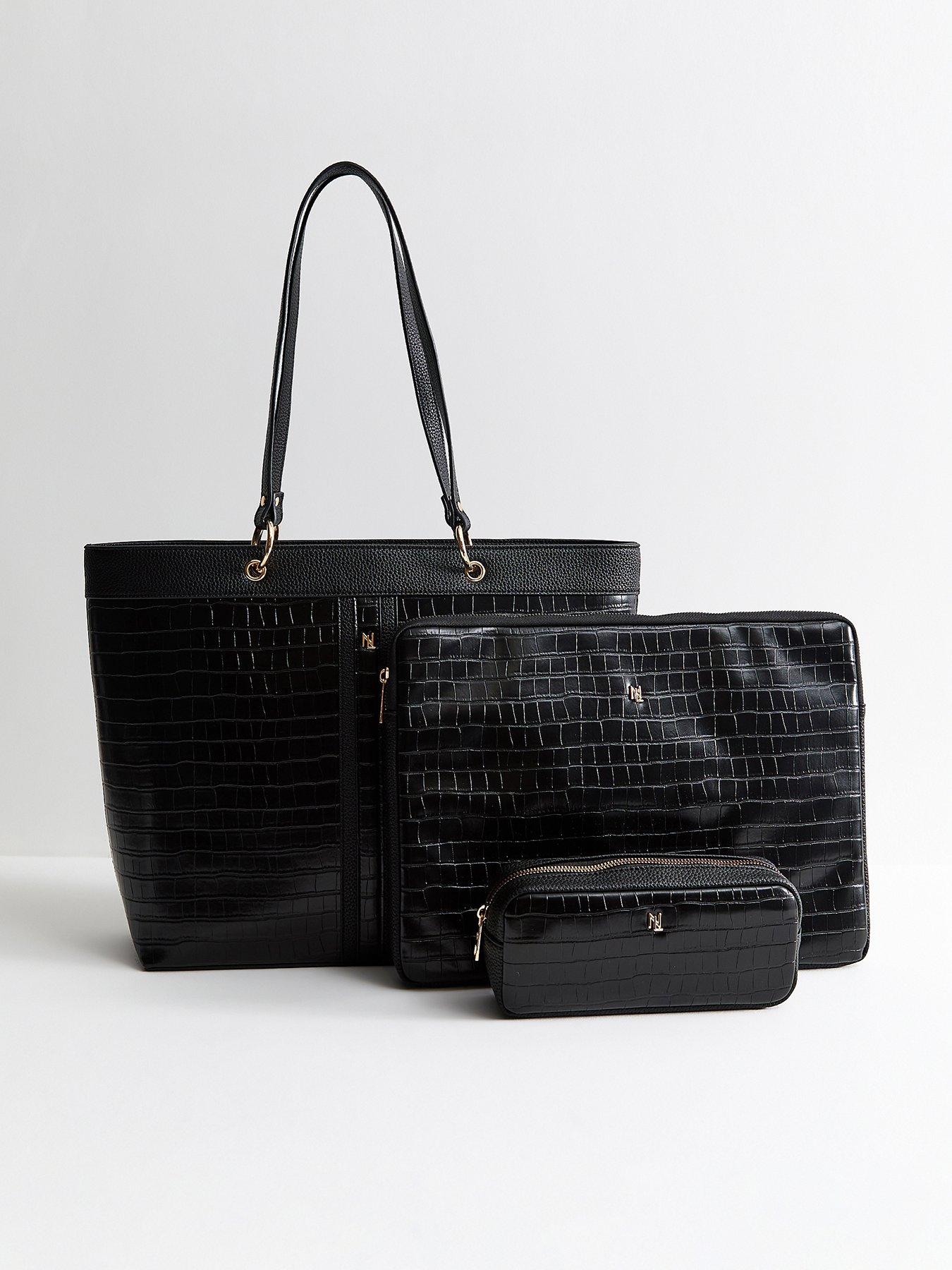 New Look Faux Leather Crocodile Embossed Trio Tote Bag - Black